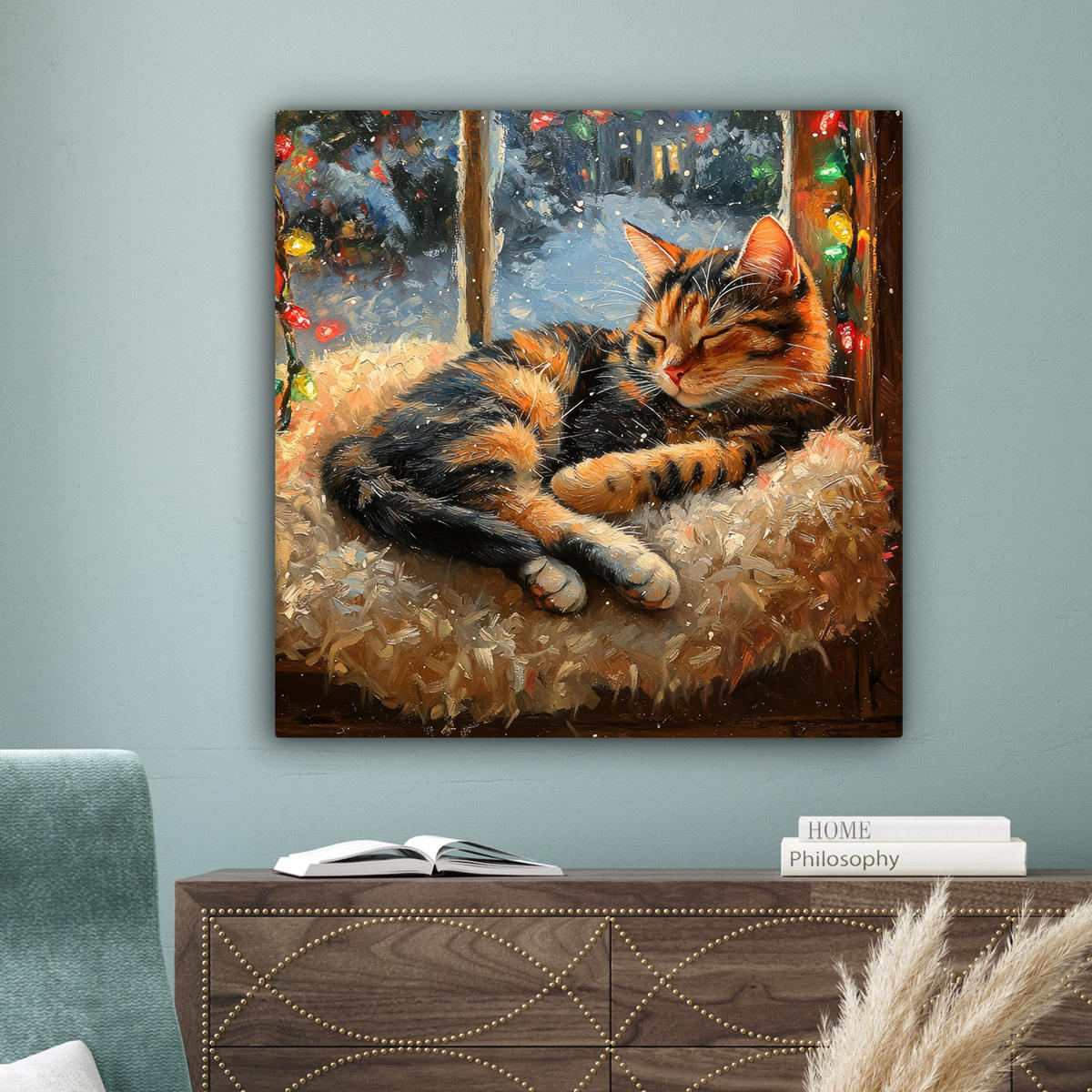 LEINWANDBILD Katze - Weihnachten - Winter - Tier Deko Groß 90x90 cm - Bernsteinfarben, Textil (90/90cm) - MuchoWow