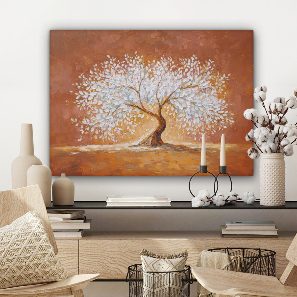 LEINWANDBILD Abstrakt - Baum - Weiß - Blätter Wandbilder 80x60 cm - Braun, Textil (80/60cm) - MuchoWow