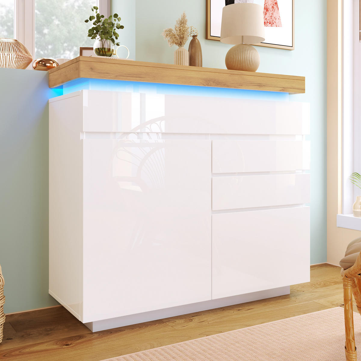 KUCHYŇSKÁ SKŘÍŇ bílá lesklá, zásuvky, LED osvětlení, do obývacího pokoje a ložnice, 110×39×115 cm - bílá, kompozitní dřevo (110/115/39cm) - STILVORA