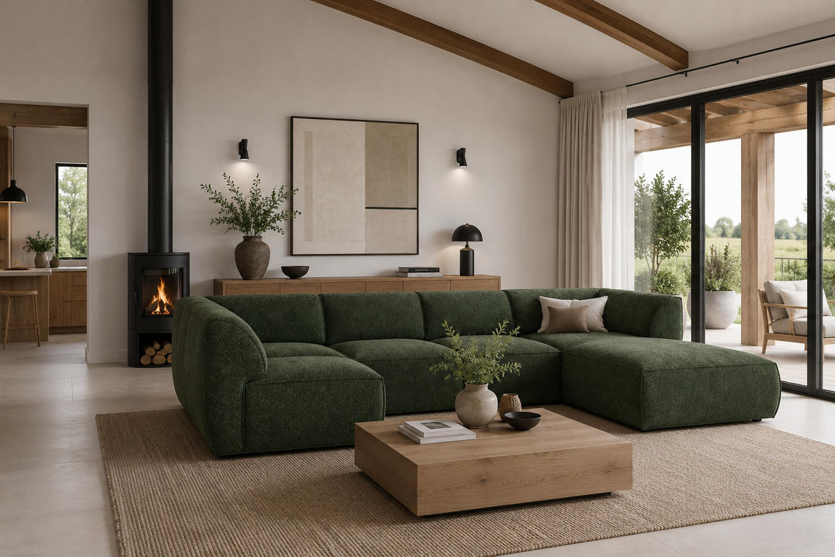 WOHNLANDSCHAFT MOVO - modulares Ecksofa grün – modernes Design und flexible Gestaltung, rechts - Dunkelgrün/Bordeaux, Kunststoff/Textil (156/78/345cm) - KS Home Concept