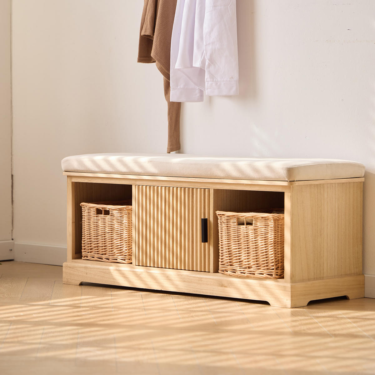 SITZBANK Holz Beige - Beige, Textil (108/46/42cm) - Nordlys