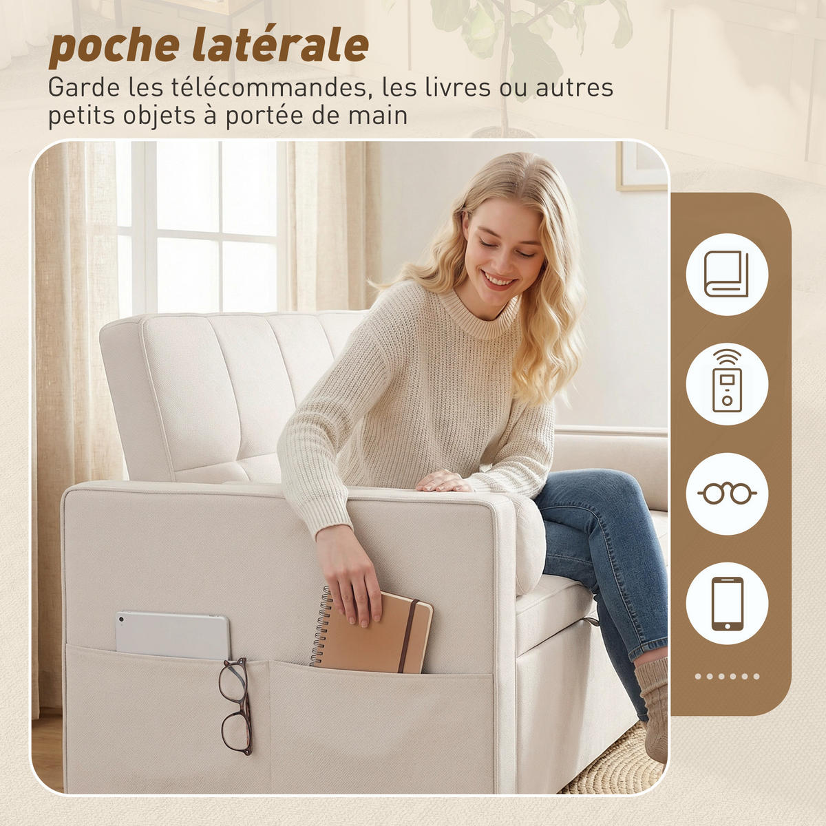 SCHLAFSOFA 2-Sitzer DE-14660 3-in-1 & 7-fach verstellbar Beige - Beige, Metall (137.5/84/80.5cm) - ComfortXL