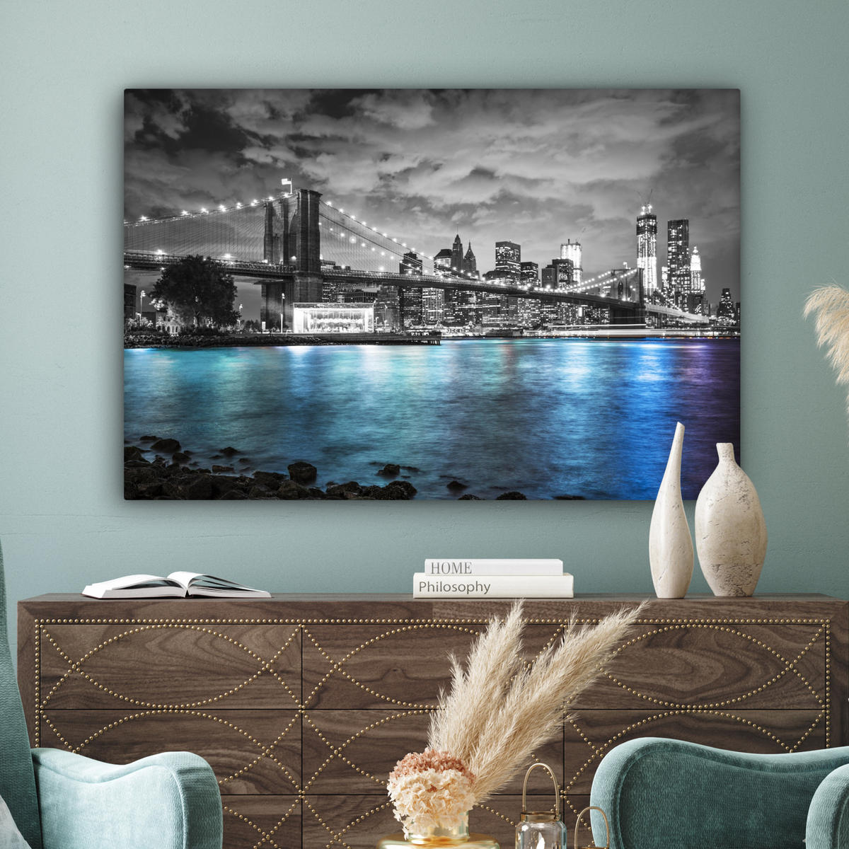 LEINWANDBILD New York - Skyline - Stadt - Blau Wohnzimmer Groß 120x80 cm - Blaugrau, Textil (120/80cm) - MuchoWow