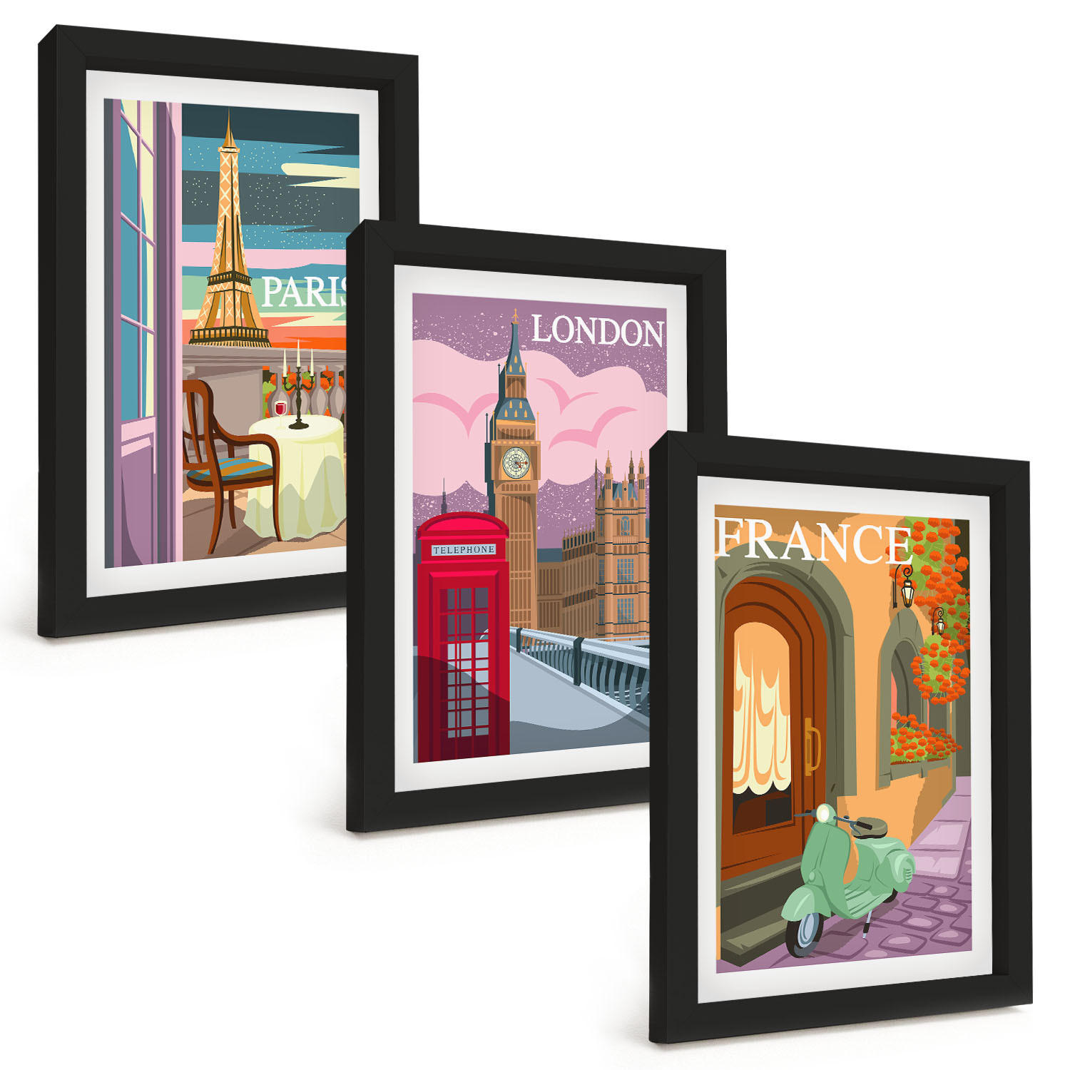 BILDER SET 3er Set - 20x30 cm Schwarzer Rahmen - Ansichten Paris London Retro - Schwarz, Kunststoff (20/30cm) - TULUP