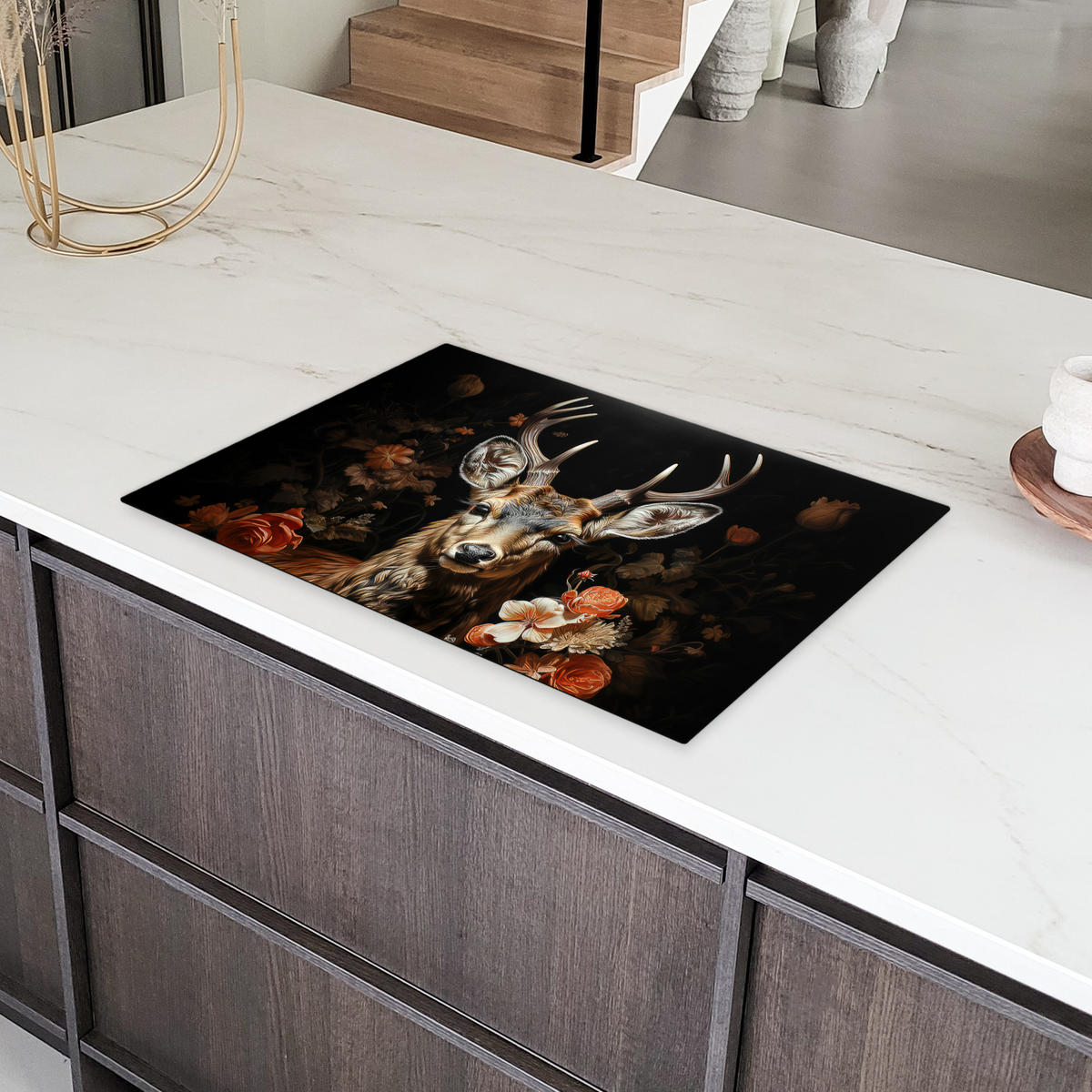 HERDABDECKPLATTE Hirsch - Tier - Blumen - Natur - Botanisch 77x51 cm - Kupferfarben, Kunststoff (77/51/0.2cm) - MuchoWow