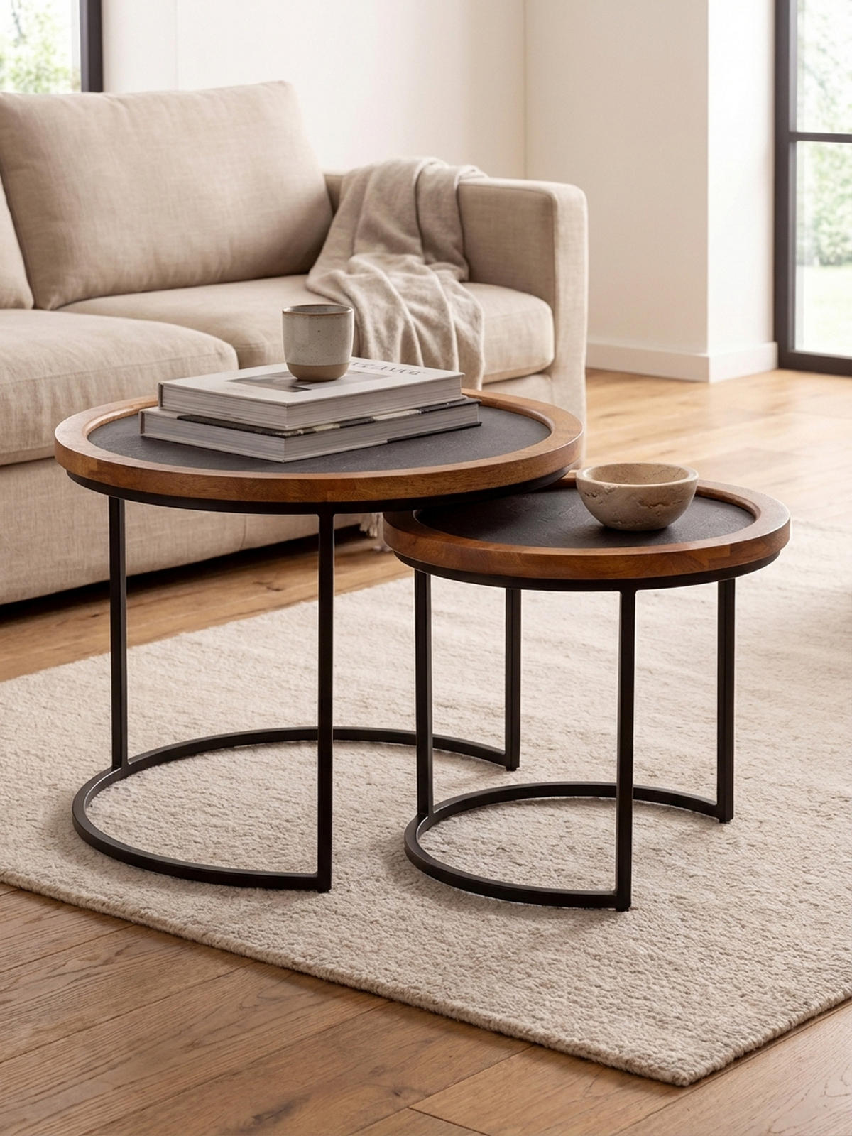 COUCHTISCH Set – 2-teilig Rund Mango Massivholz Steinoptik Metall Braun Anthrazit - Schwarz/Braun, Holz/Metall (60/60/46cm) - KADIMA DESIGN