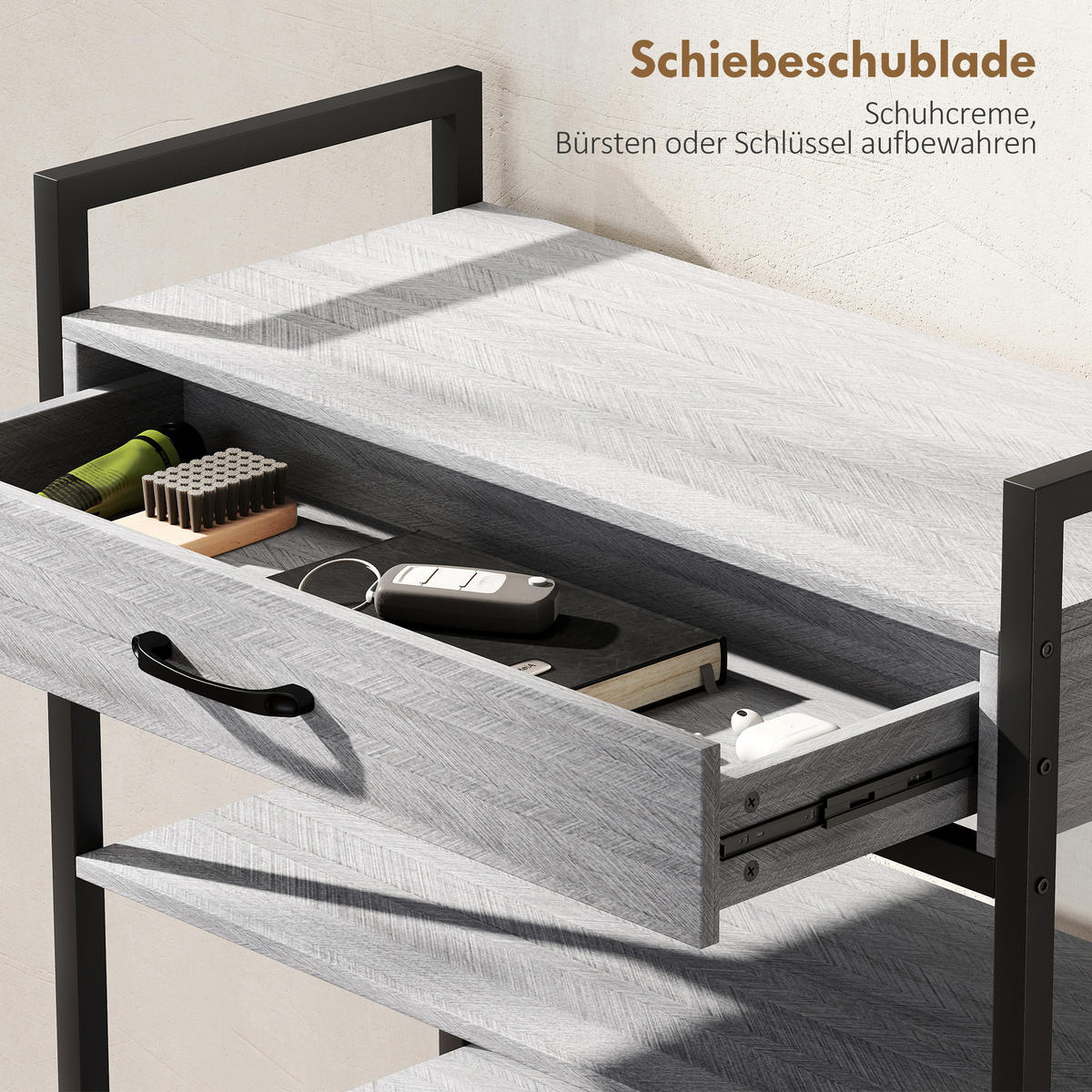 SCHUHREGAL 4 Ebenen Schuhständer Metall mit Schublade für 9 Paar Schuhe Grau - Schwarz/Grau, Holzwerkstoff/Metall (30/87.6/70cm) - HOMCOM