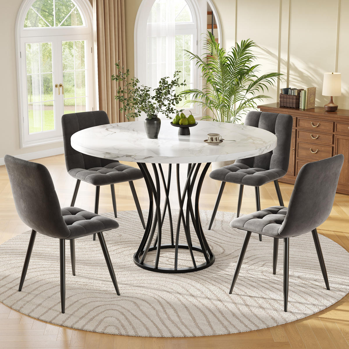 ESSTISCHSET 5-Teilig Rund 80 Cm, 4 Graue Samtstühle, Weiß Marmor, Schwarz - Schwarz, Metall (100/76/100cm) - FLIEKS