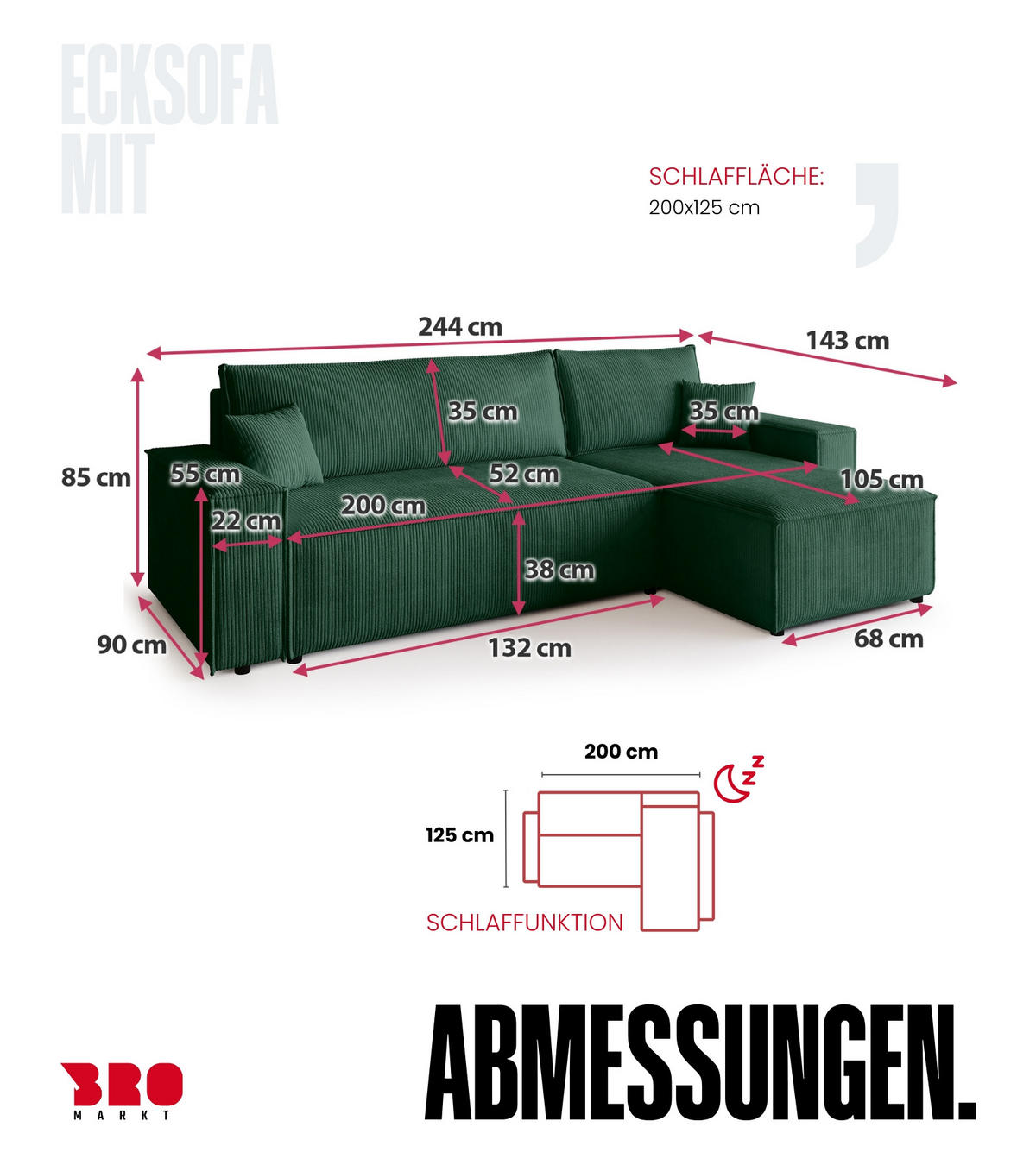 ECKSOFA ADI mit Schlaffunktion Dunkelgrün Cord - Dunkelgrün, Textil (244/143cm) - Bromarkt