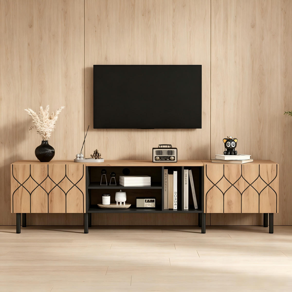 TV-RACK 180x40x50cm Lowboard für 70-Zoll Fernseher Naturfarbenholz-Schwarz - Schwarz, Holz (49/16/64.01cm) - Raelunyi