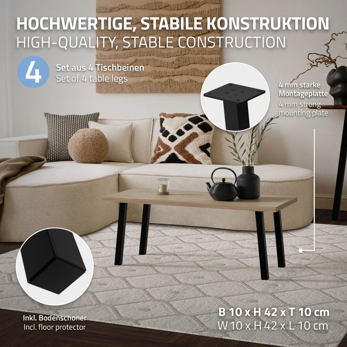 TISCHBEINE 4er Set I-96GRAD-Design H:42 cm Schwarz 4x4 cm - Schwarz, Metall (4/42/4cm) - ML-DESIGN