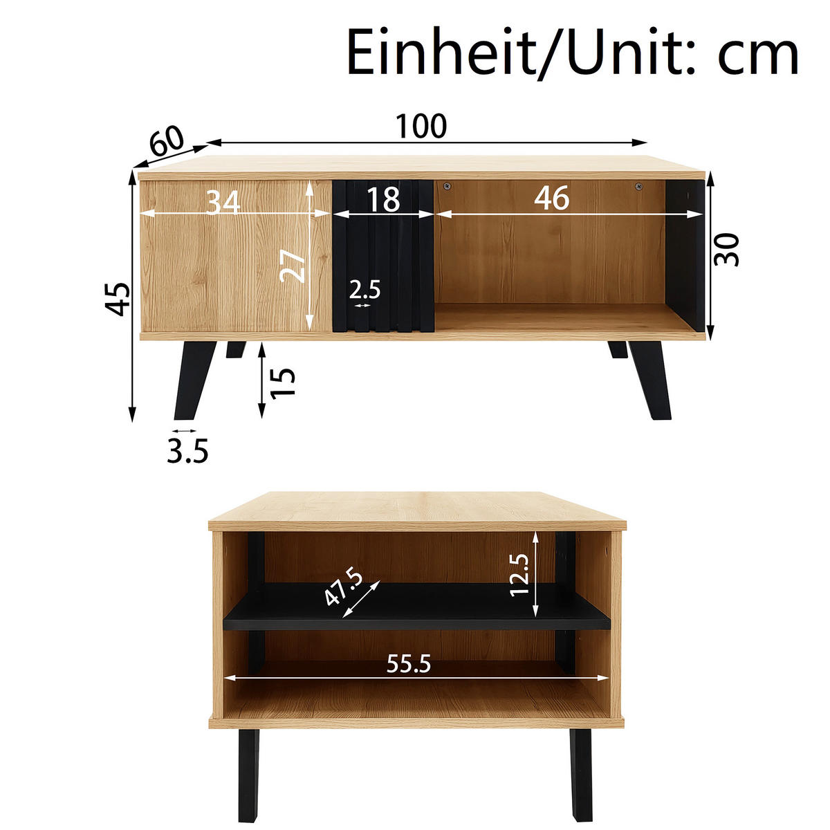 COUCHTISCH 100/60/45 cm aus Holz und Schwarz mit Stauraum - Naturfarben, Holzwerkstoff (100/60/45cm) - OKWISH