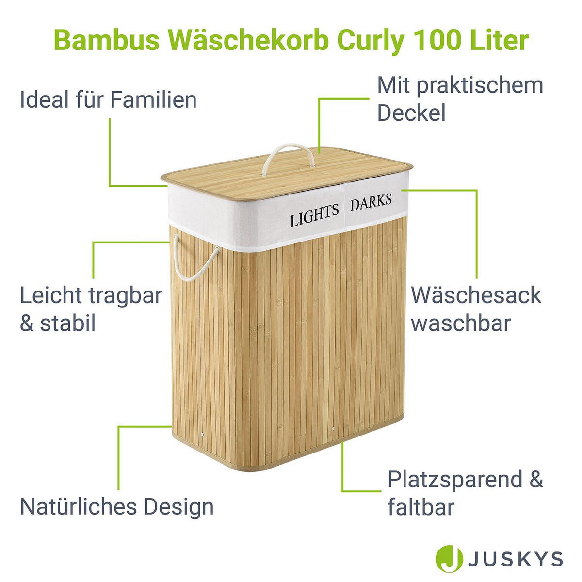 WÄSCHEKORB Curly 100 L natur - Naturfarben, Holz (52/63/32cm) - Juskys