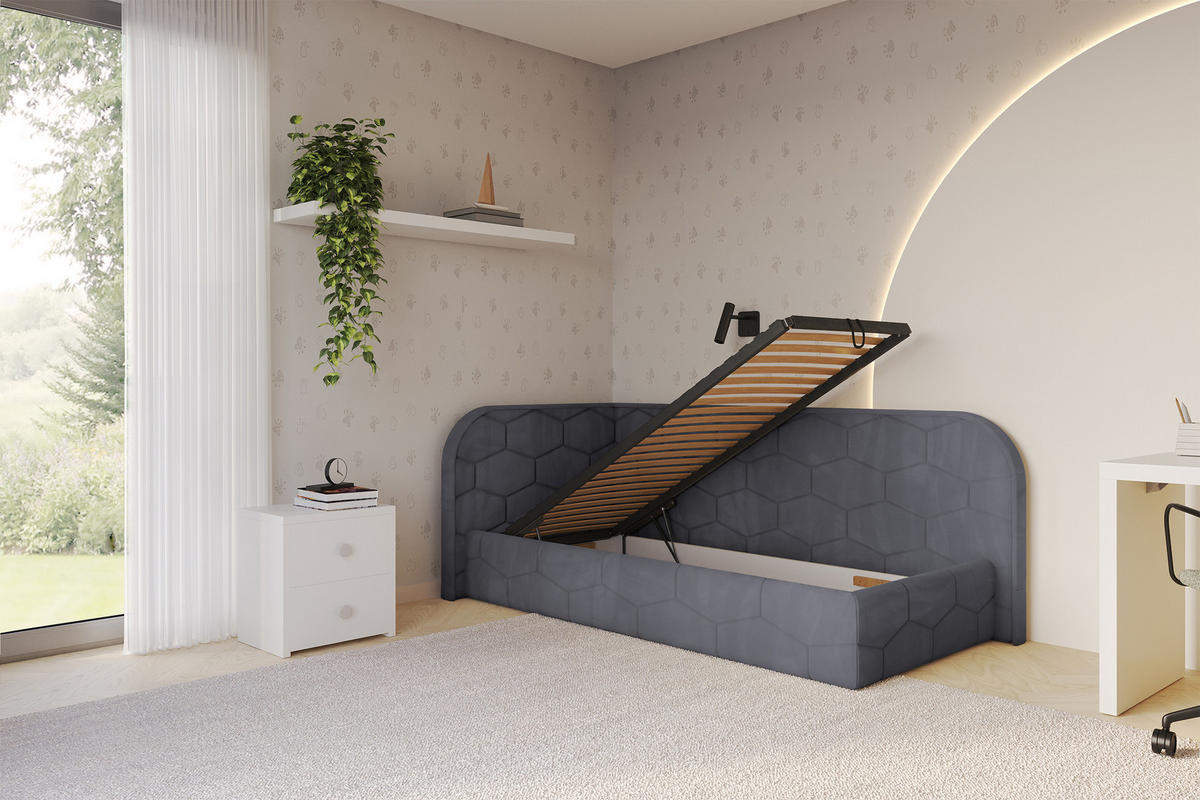 EINZELLBETT Jugendbett mit Bettkasten und Matratze H3/H4, Rechts - JAXY 90x200 Dunkelgrau - Titanfarben, Holzwerkstoff/Textil (90/200cm) - ALTDECOR