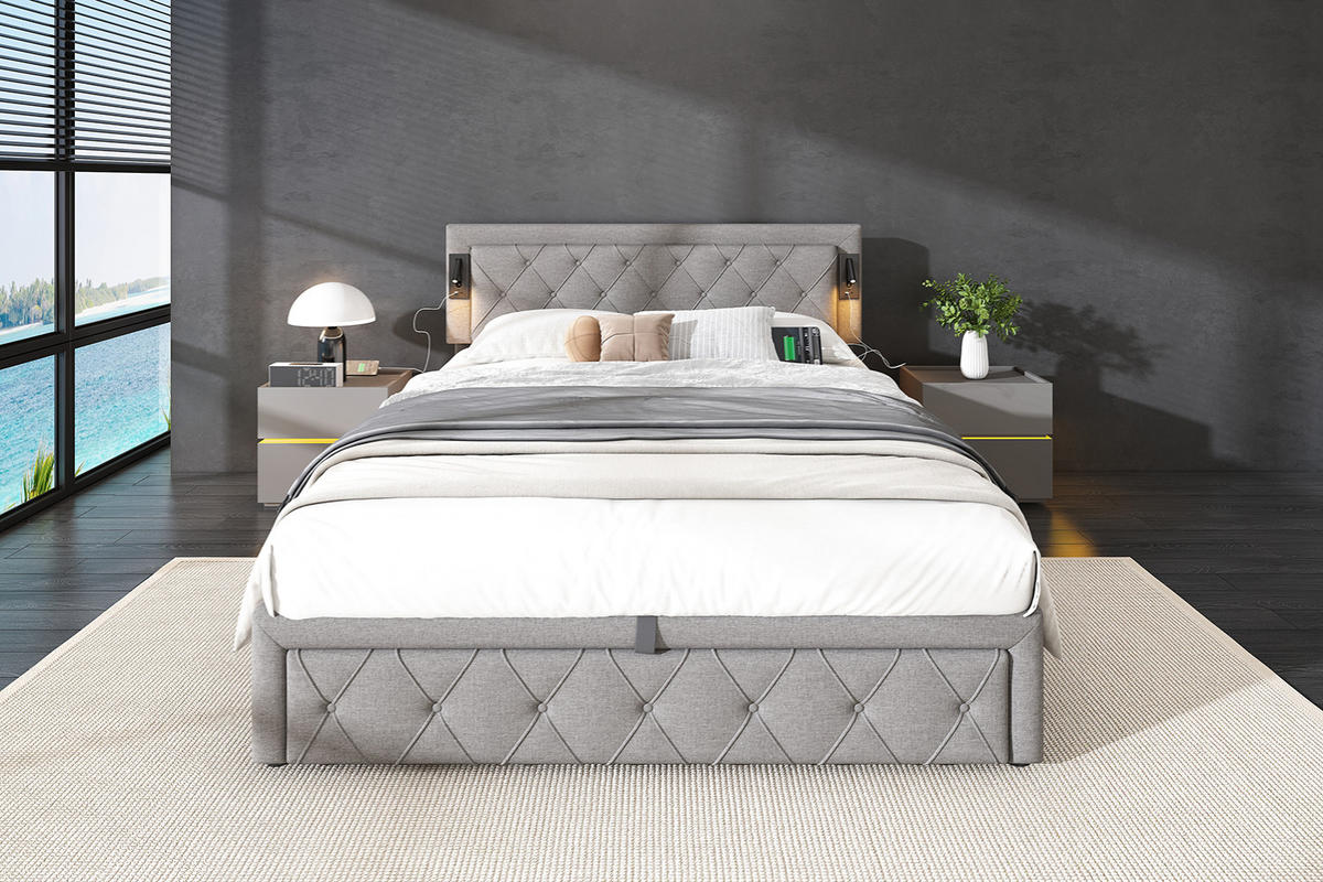 ČALOUNĚNÁ POSTEL v šedé barvě z lnu s úložným prostorem, osvětlením a USB - šedá, kov/kompozitní dřevo (160/200cm) - CHICFURN