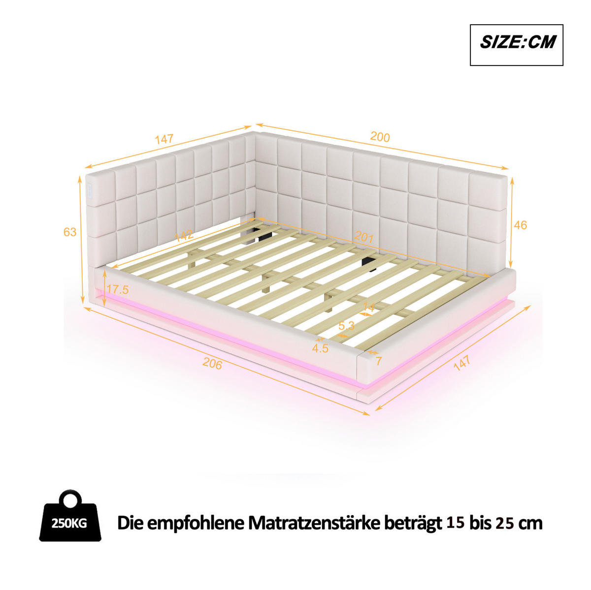 POLSTERBETT 140/200 cm Beige mit LED-Beleuchtung und USB-Anschluss - Beige, Leder (140/200cm) - Flora Grace