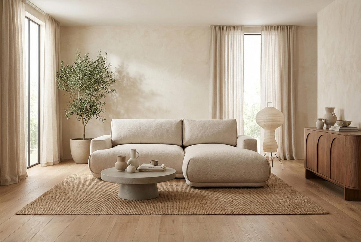 ECKSOFA NERO Beige Velours-Stoff mit Schlaffunktion - Beige, Holz (270/170cm) - MASSENO