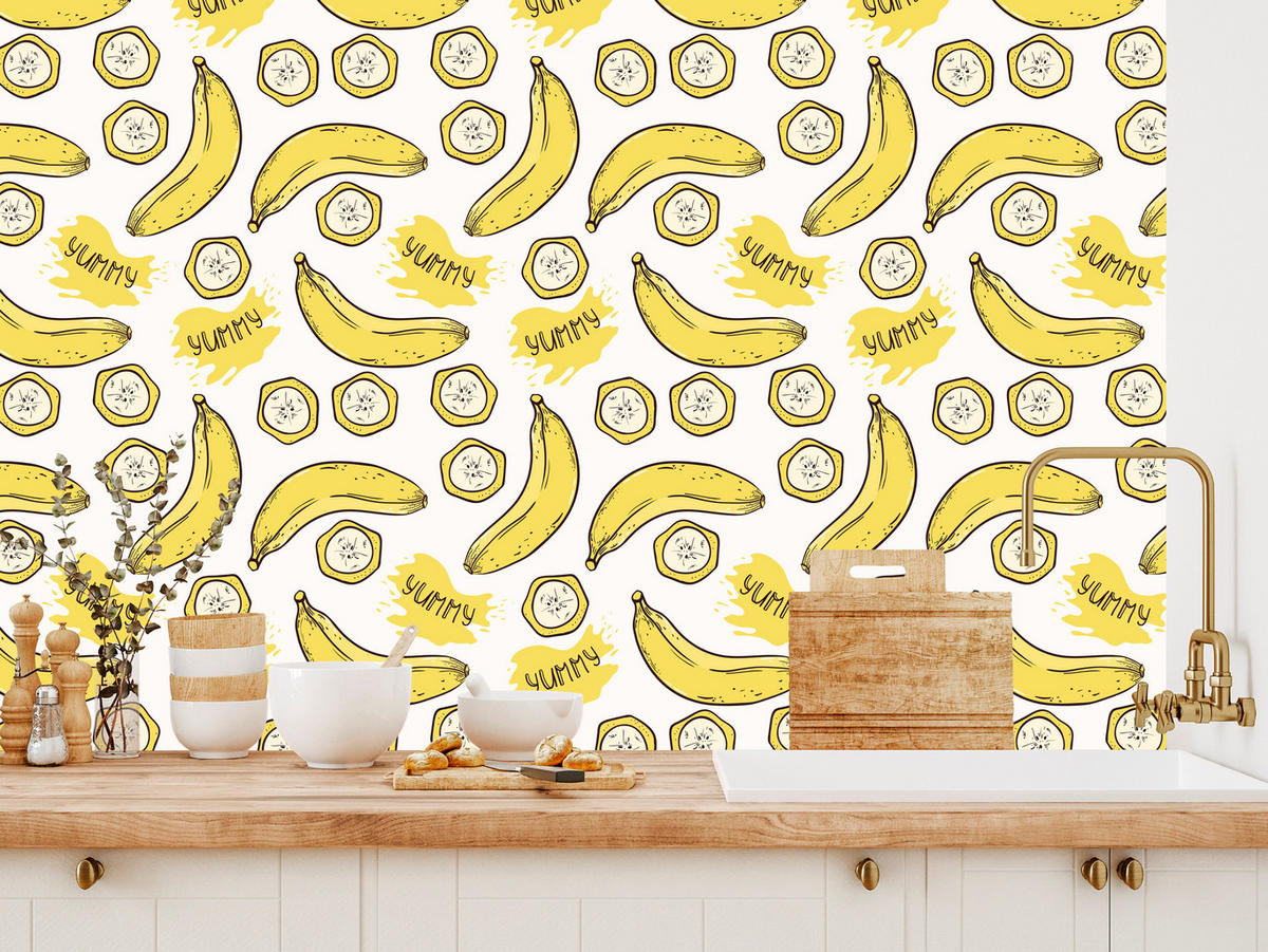 VLIESTAPETE Bananen und Schriftzüge – Gelb, Weiß – 50x1000 cm - Gelb/Weiß, Papier (50/1000cm) - Muralo