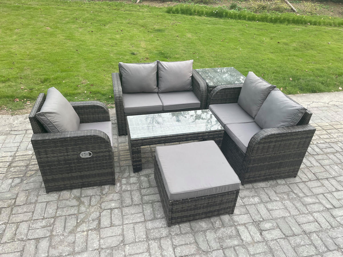 GARTENSOFA SET mit rechteckigem COUCHTISCH Polyrattan 6-Sitzer Dunkelgrau - Dunkelgrau/Grau, Glas/Kunststoff - Fimous