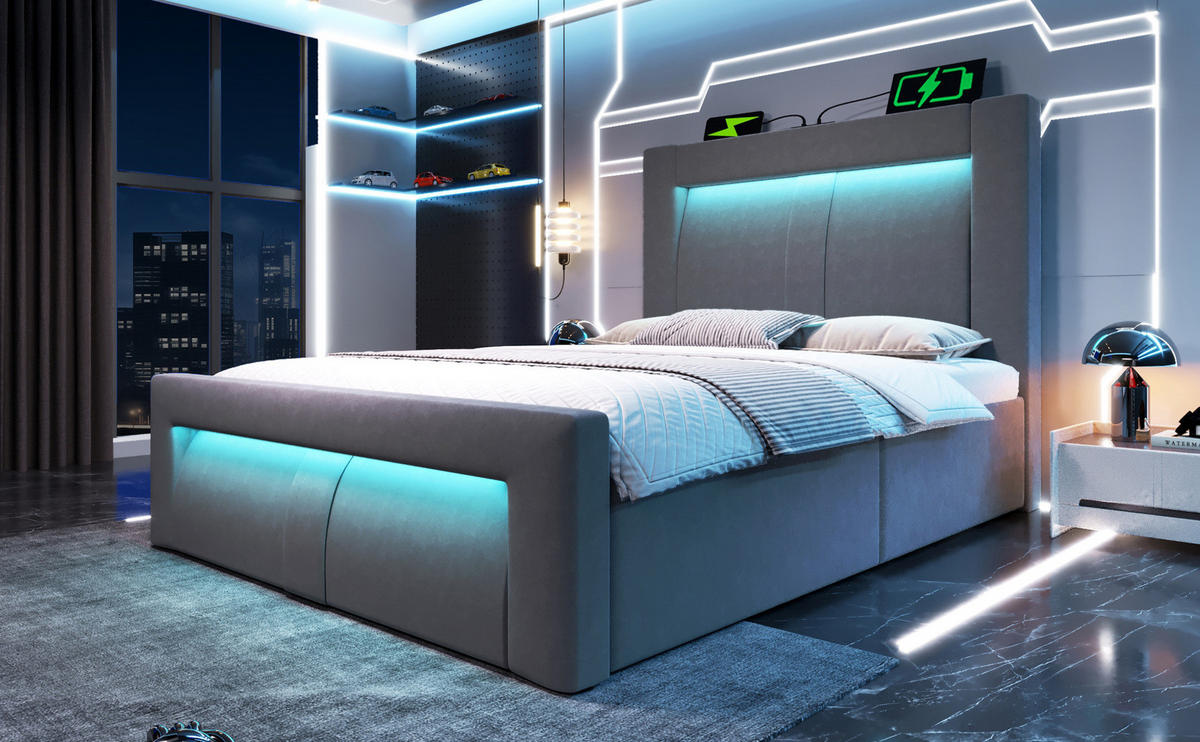 POLSTERBETT 90/200 cm Grau aus Samt mit Stauraum und LED mit Matratze - Grau, Textil (90/200cm) - OKWISH