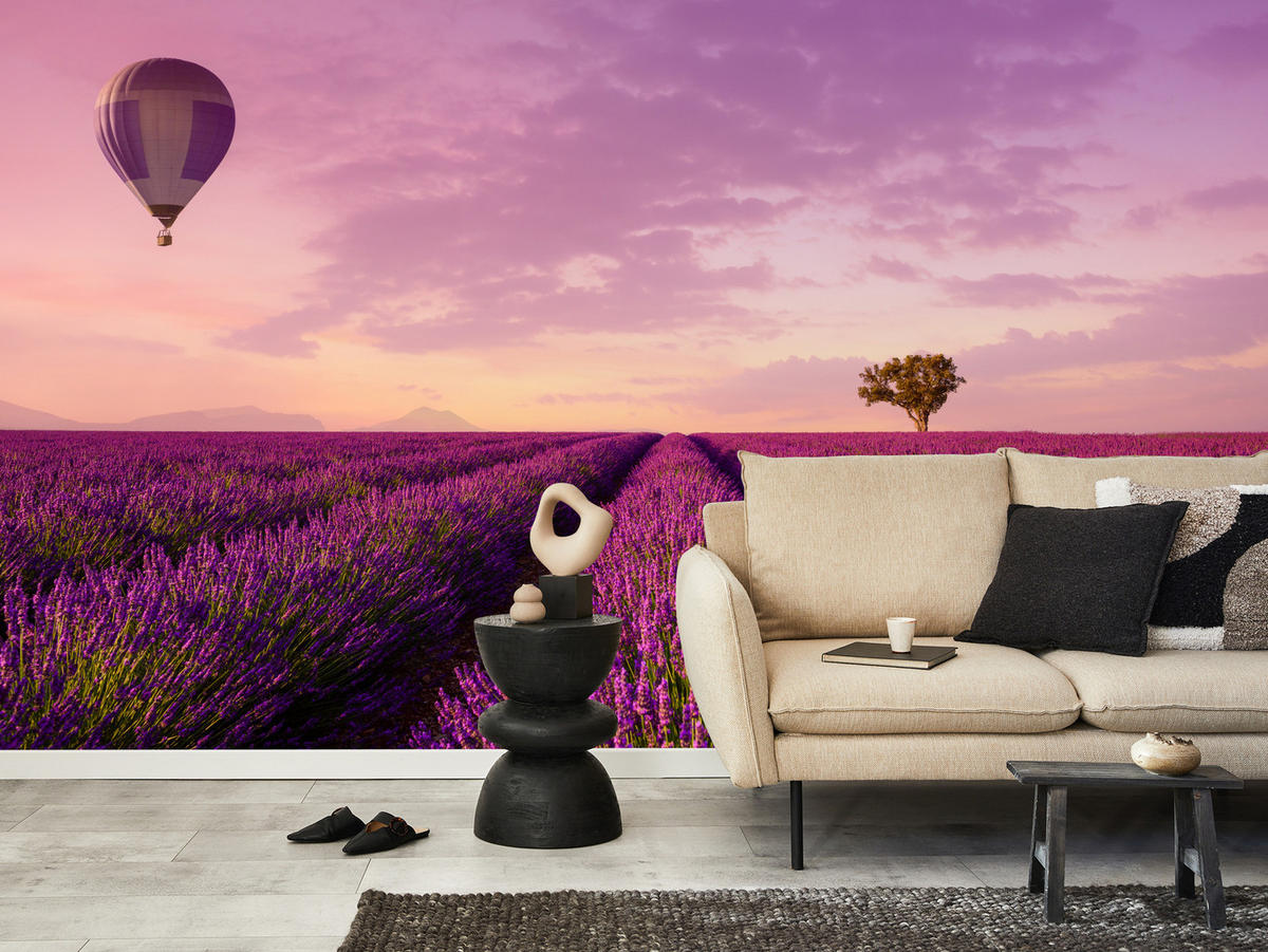 FOTOTAPETE für Wohnzimmer Lavendelfeld Heißluftballon Provence 250x175 - Violett/Lila, Papier (250/175cm) - Muralo
