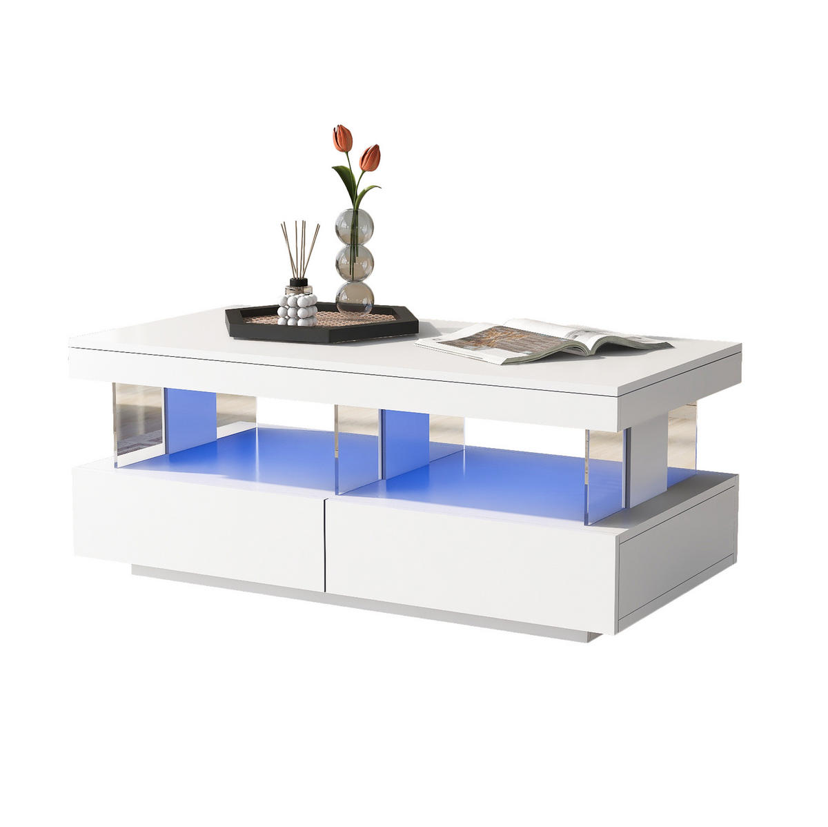 KLUBSKA miza, 100/60/49,5 cm, bela, z LED-osvetlitvijo in 2 predaloma - bela, leseni material (100/60/49.5cm) - BEAOK