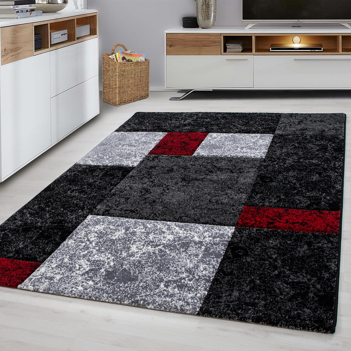 TEPPICH Kurzflor Karo Design Polypropylen Wohnzimmer Rot Rechteckig 280x370 - Rot, Textil (280/370cm) - KADIMA DESIGN