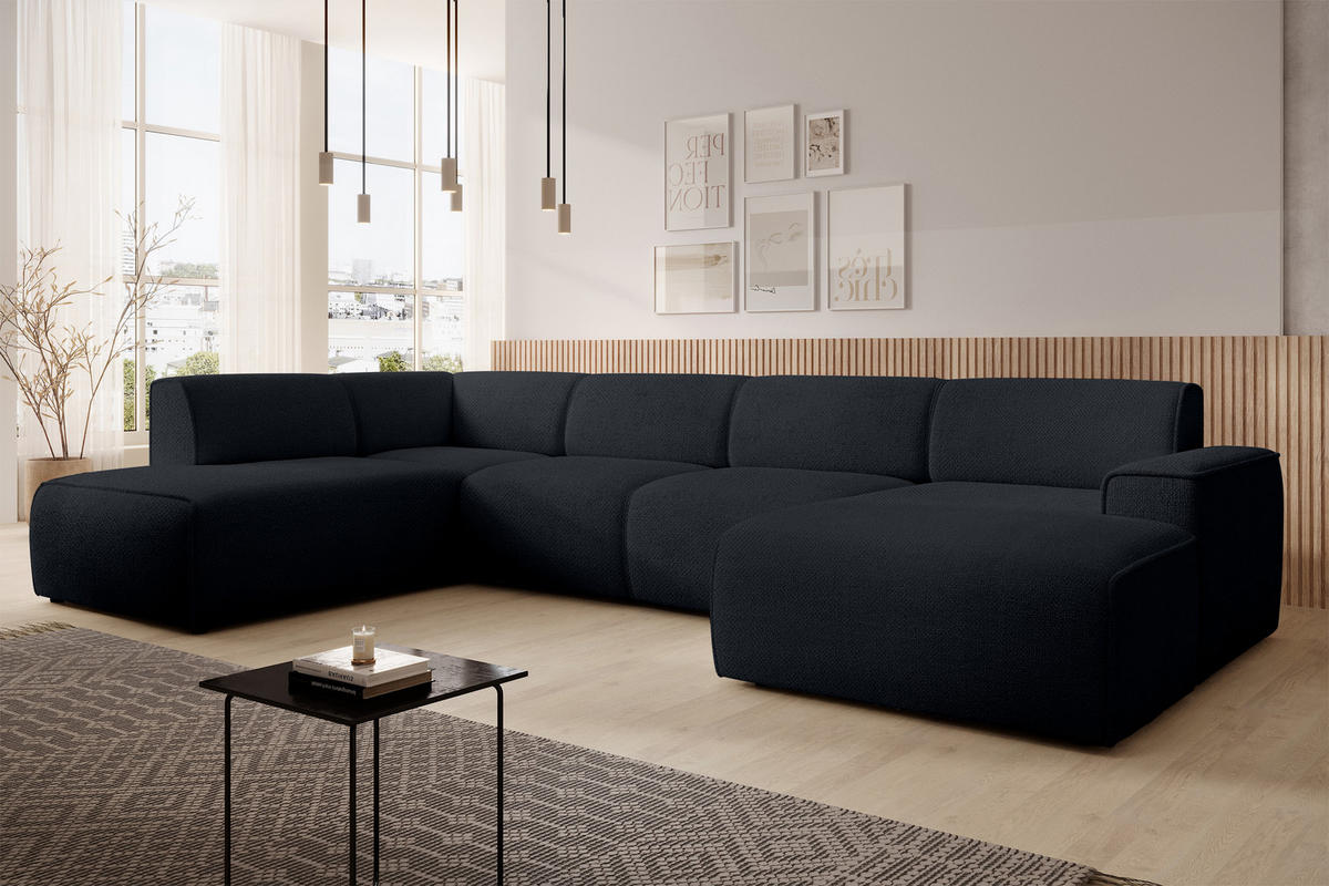 WOHNLANDSCHAFT Didim Schwarz 378/220/78 cm – großes Sofa stilvoll & bequem L - Schwarz, Kunststoff/Textil (220/78/378cm) - AX Living