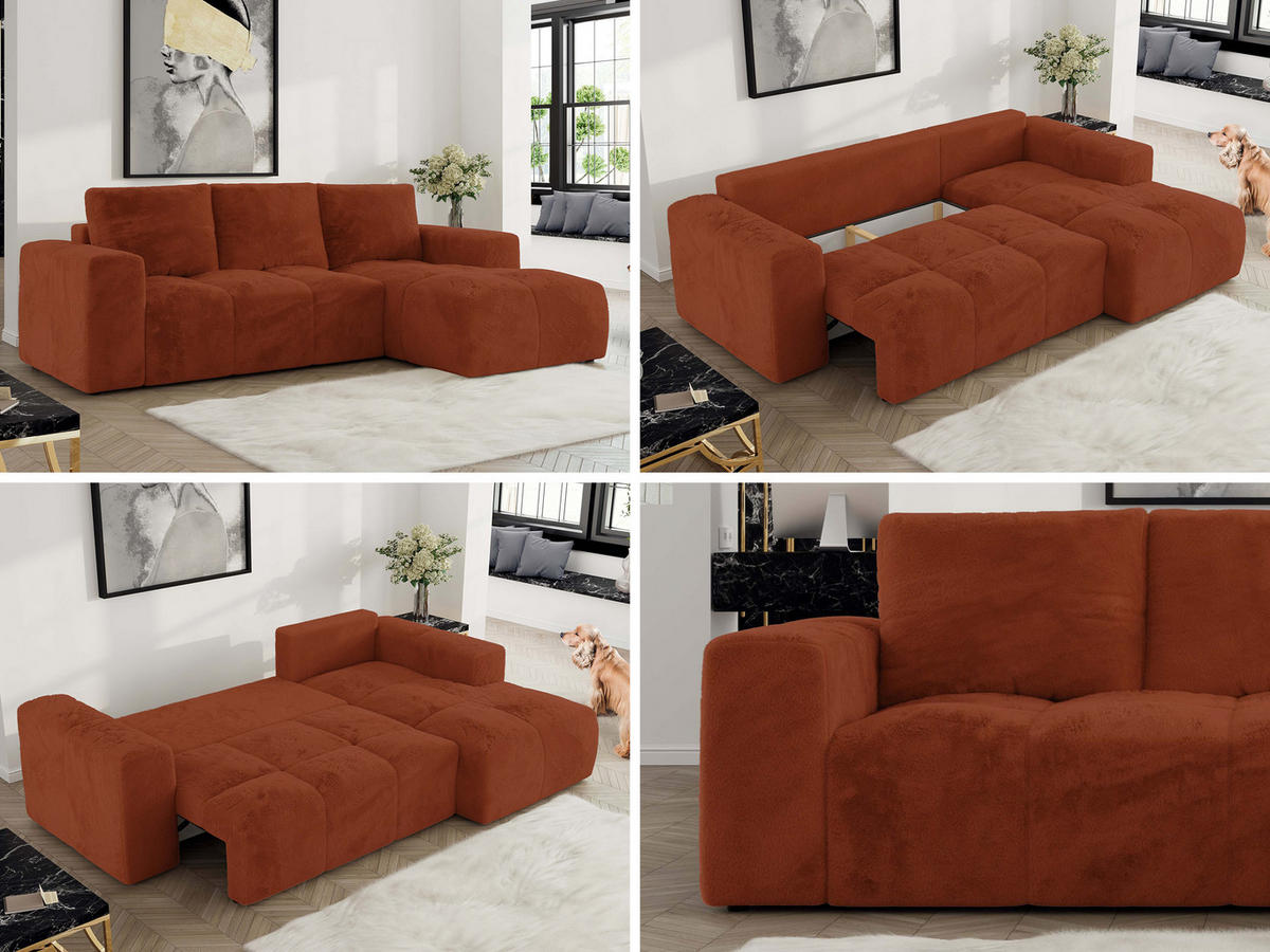 ECKSOFA MONIVA Orange Plüsch - Rechts - Schwarz/Orange, Textil (266/164cm) - MKS