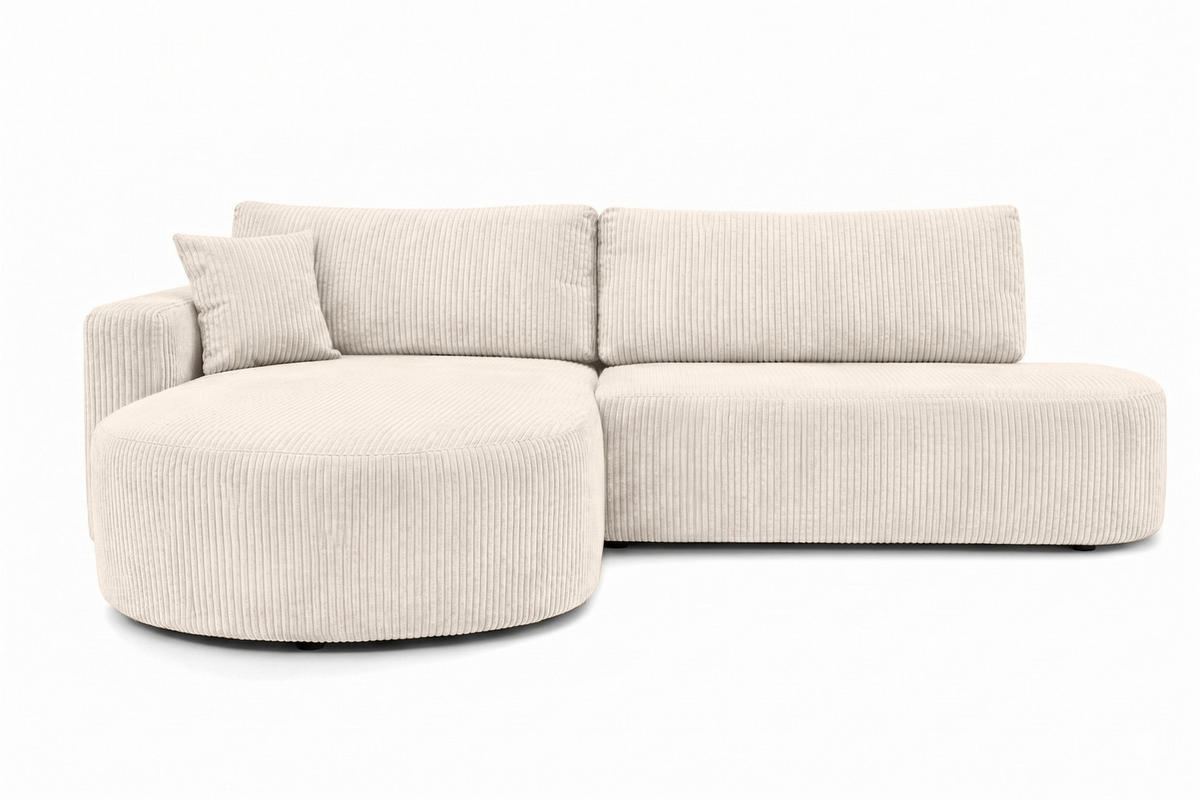 ECKSOFA Mit Schlaffunktion Und Bettkasten, Cordstoff Poso, Beige, Links, ROUND ONE OPEN XL - Creme, Holz (262/175cm) - Kaiser Möbel