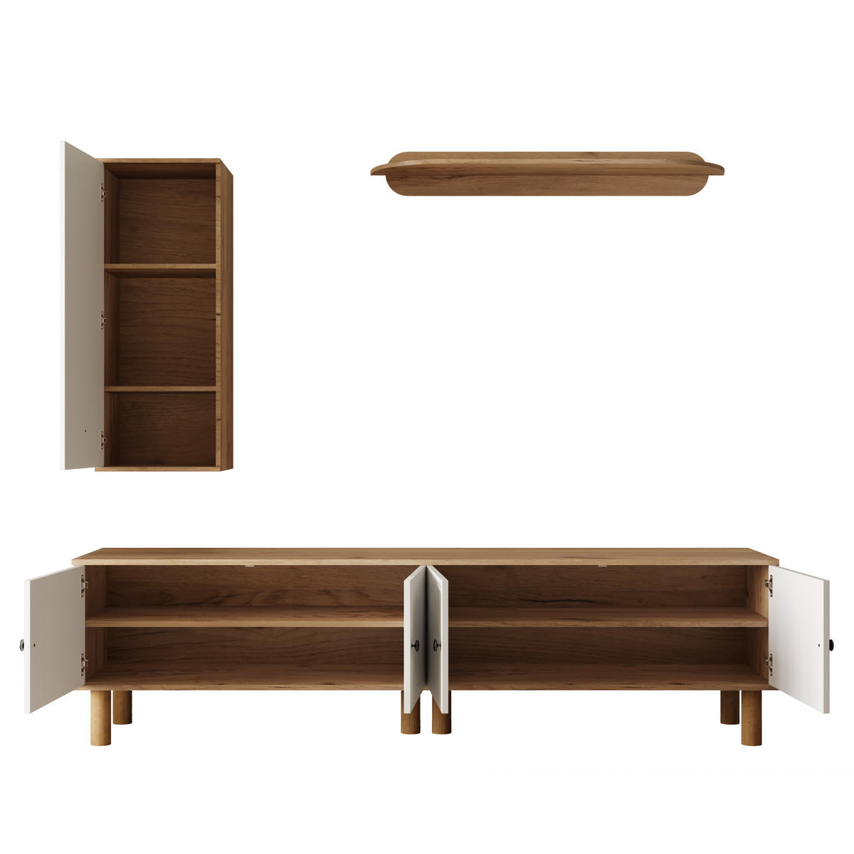 WOHNWAND DE-40122 3-teilig mit geschnitzten Türpaneelen Weiß - Weiß, Holzwerkstoff (170/47/40cm) - ComfortXL
