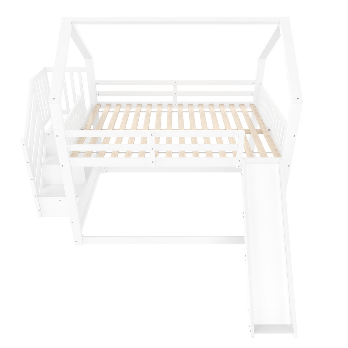 ETAGENBETT 140x200cm Weiß mit Stauraumtreppe und Rutsche Hausbett - Weiß, Holz (140/200cm) - FLIEKS