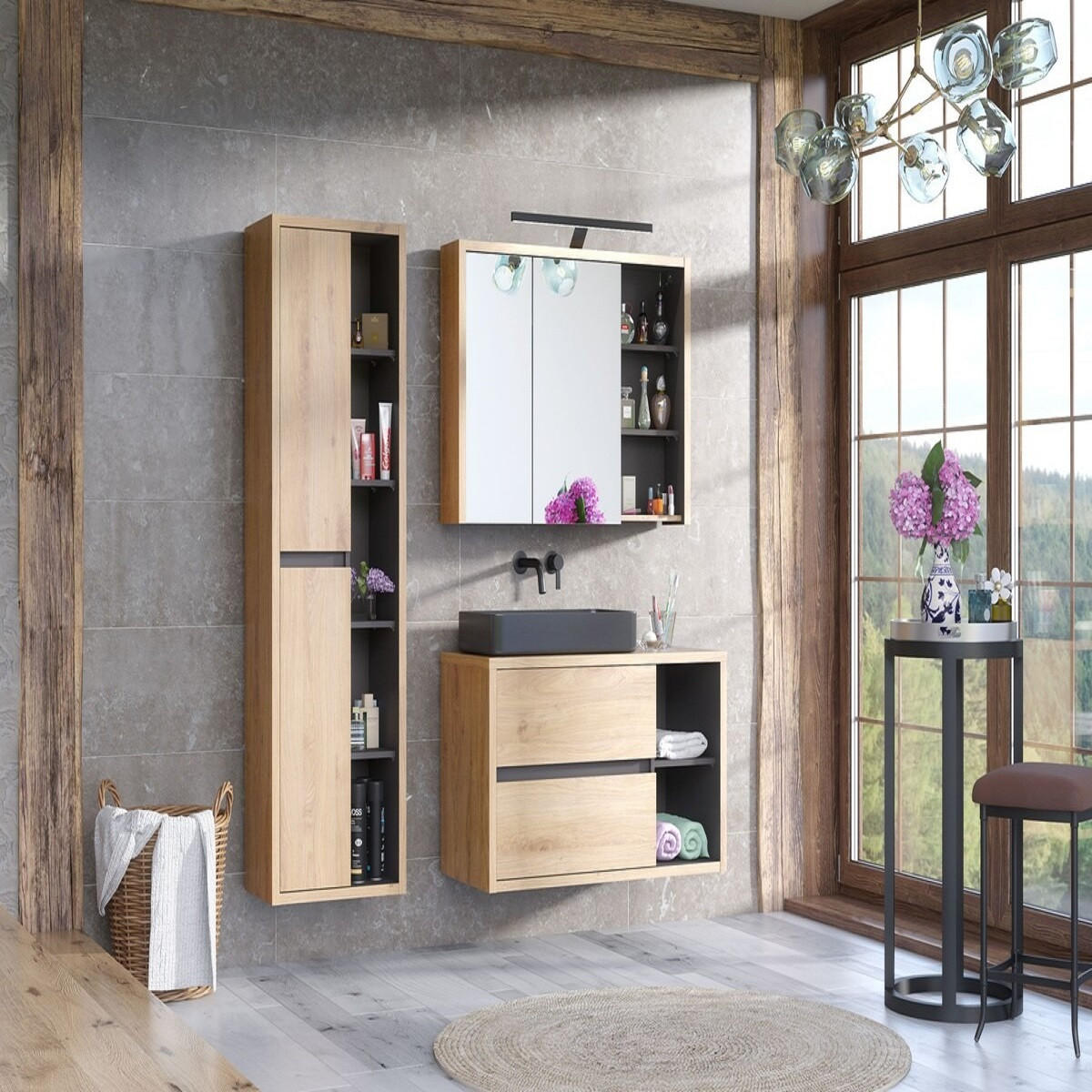 Milaros Markt Badmöbel-Set Graphit, Sonoma Eiche 100x170x45.5 cm