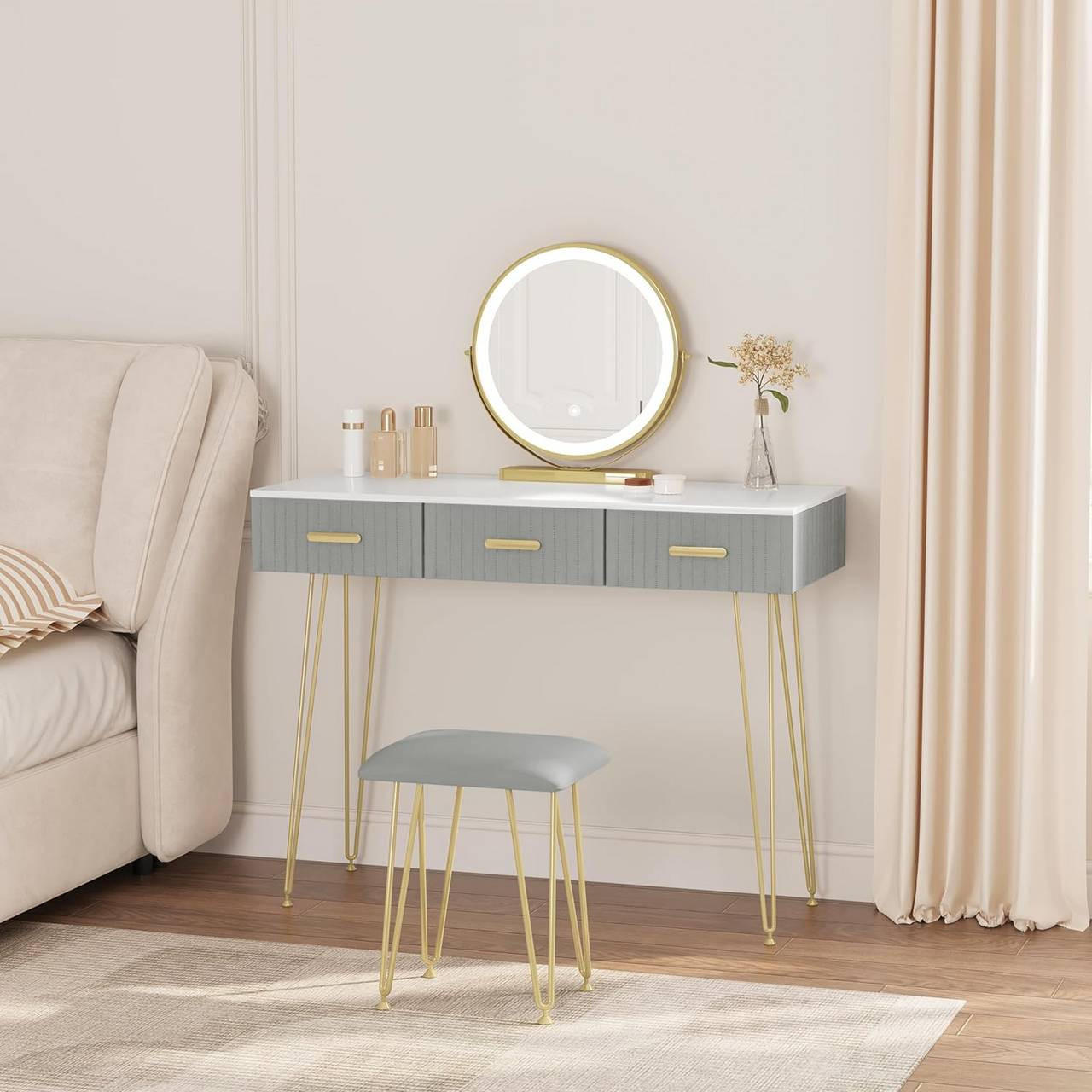 SCHMINKTISCH mit LED Beleuchtung Samthocker, 3 Schubladen - Goldfarben/Weiß, Holzwerkstoff/Metall (100/121.5/40cm) - Woltu
