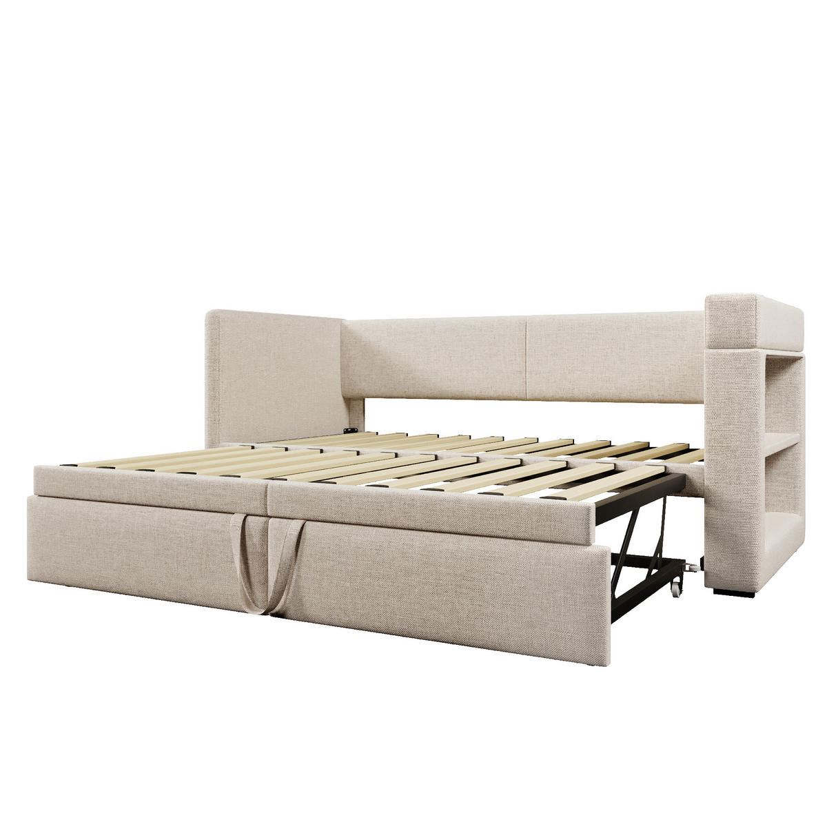 POLSTERBETT 90/200 cm mit Ausziehbett, USB- und Type-C-Anschluss, Getränkehaltern und Baumwoll-Leinen-Bezug, Beige - Grau, Textil (90/200cm) - Redom