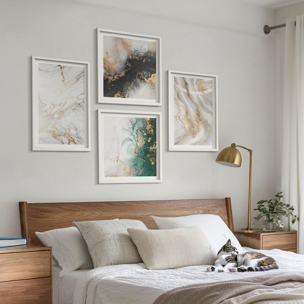 WANDBILDER 4er-Set - 50x50 cm & 40x60 cm Weißer Rahmen - Abstrakte Muster weiß schwarz grün - Weiß, Kunststoff (50/50cm) - ArtPrintCave