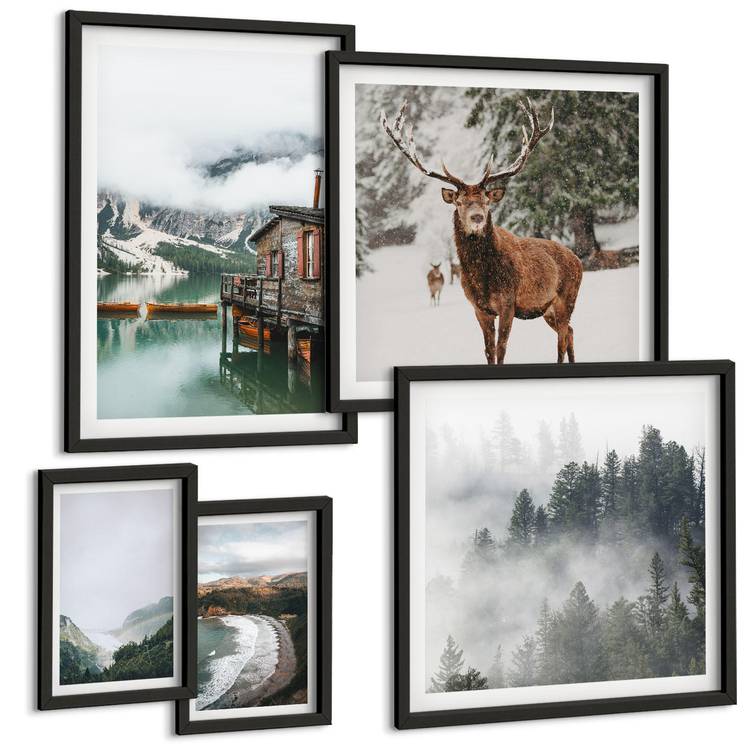 BILDER SET 5er Set - 50x50 cm & 20x30 cm & 40x60 cm Schwarzer Rahmen - Bergstrände Wolken Wasser - Schwarz, Kunststoff (40/60cm) - TULUP