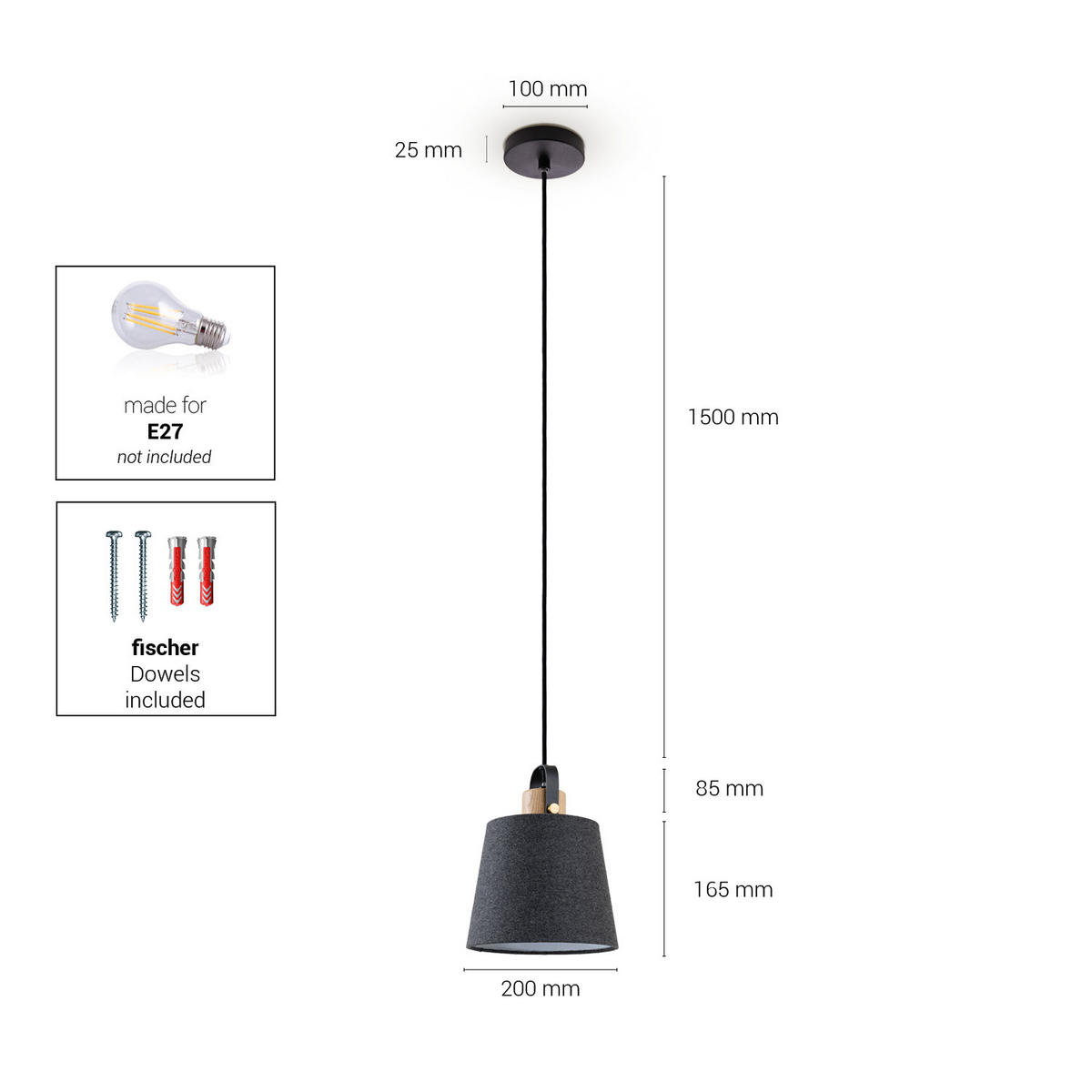 PENDELLEUCHTE Marta L - Schwarz, Metall (20/20/25cm) - Paco Home