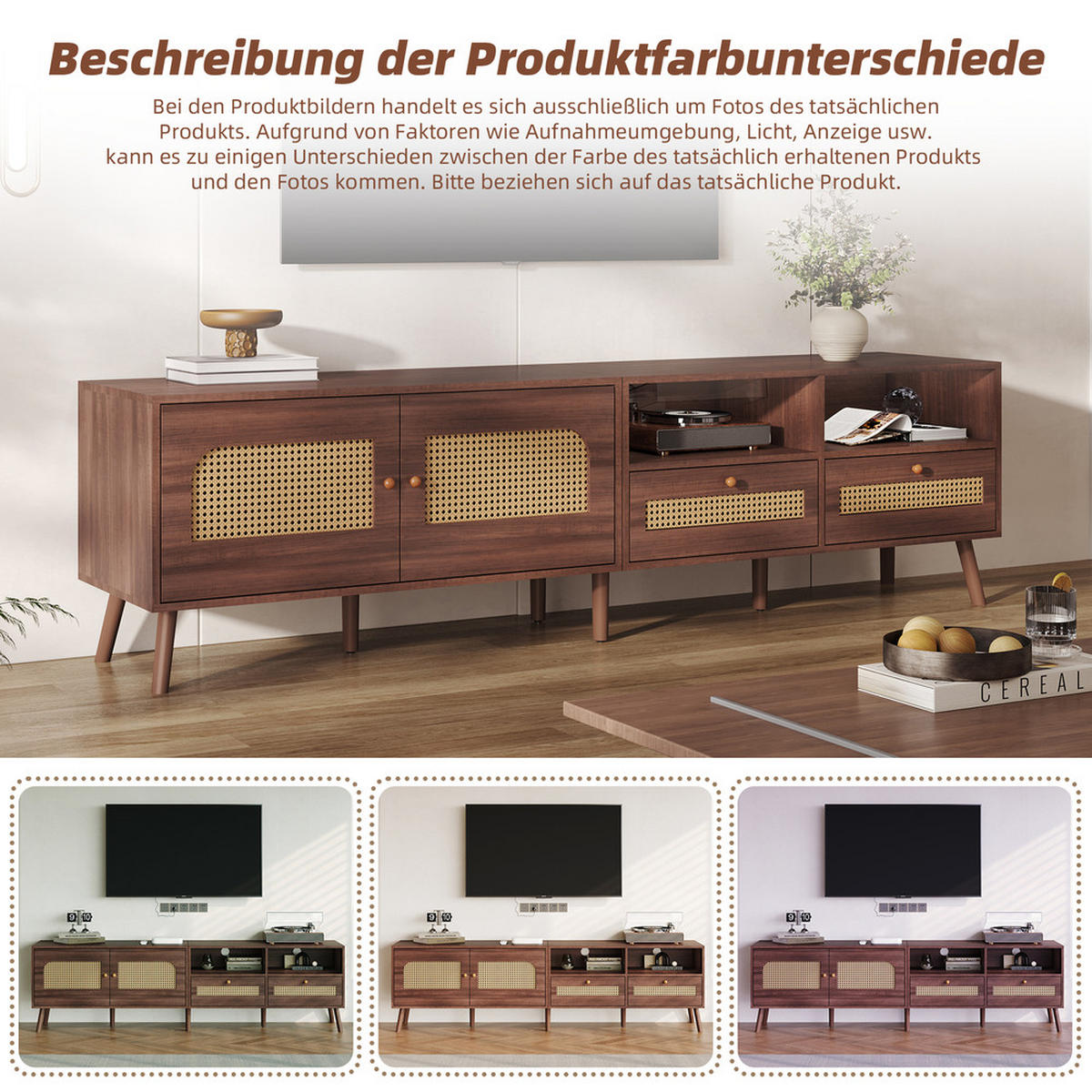 TV Schrank 200 cm für 80 Zoll mit Rattantüren und Schubladen - Braun, Holz (43.82/49.5/62.87cm) - FLIEKS