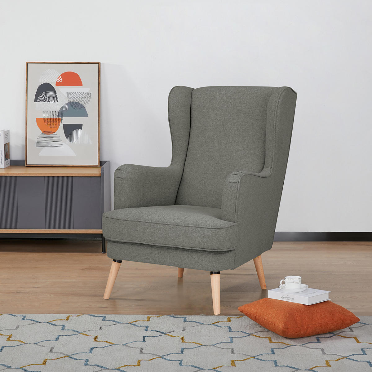 OHRENSESSEL - Beige/Grau, Holz/Birkenholz (73/107/96cm) - home24