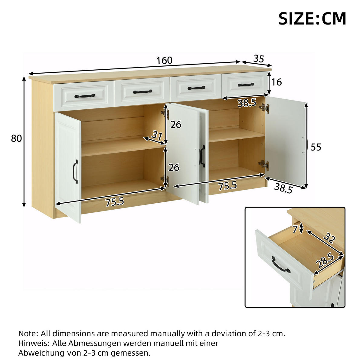 SIDEBOARD 160/35/80 cm weiß/natur aus MDF mit viel Stauraum - Weiß, Holzwerkstoff (160/80/35cm) - OKWISH