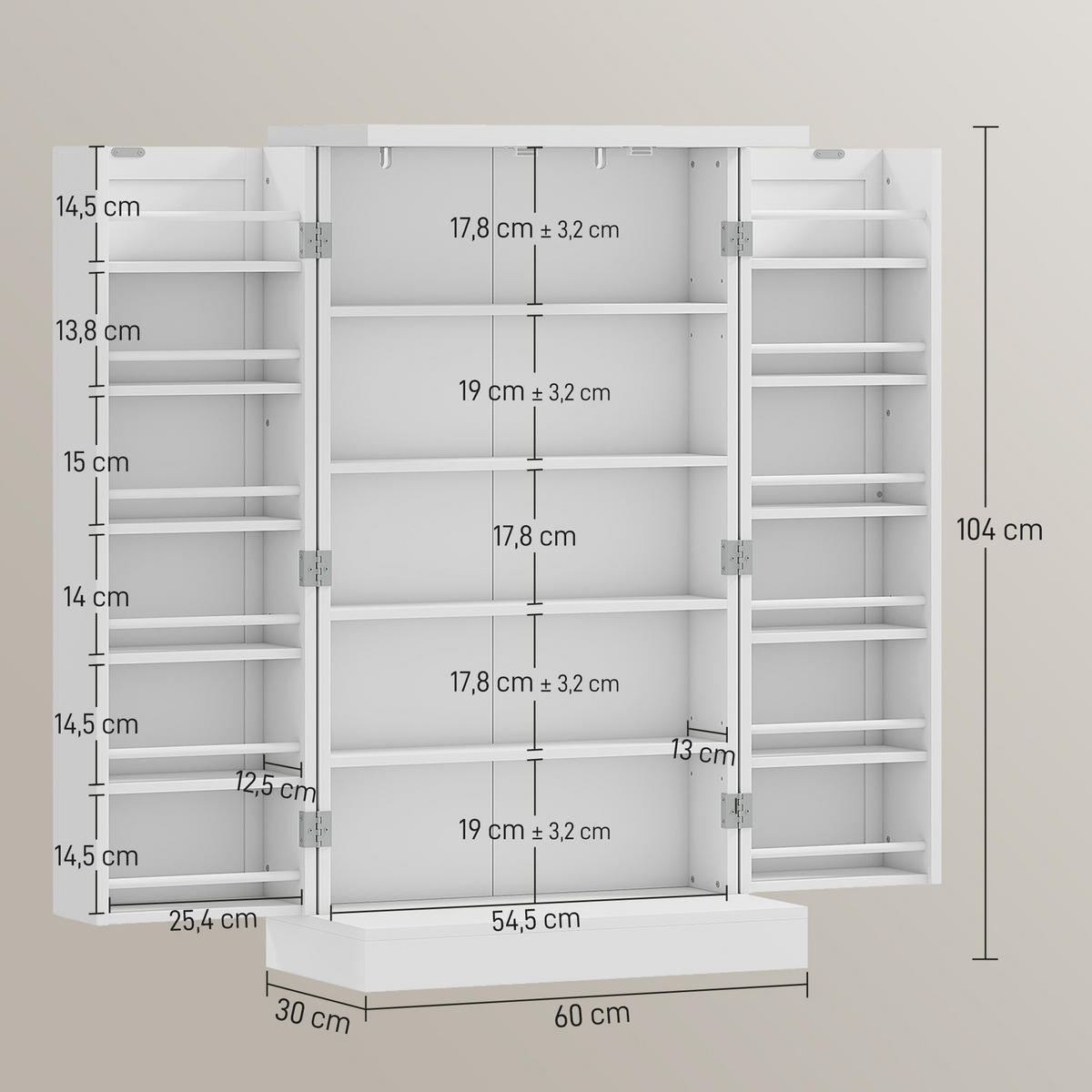 MEHRZWECKSCHRANK DE-11082 5 Böden + Türregale mit 12 Fächern Weiß - Weiß, Holzwerkstoff (30/104/60cm) - ComfortXL