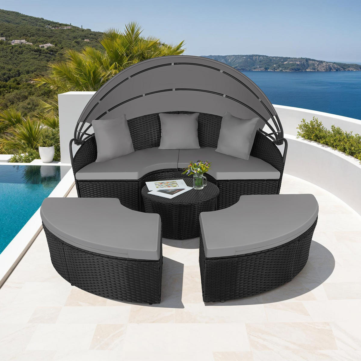 RATTAN SONNENINSEL Santorin,variabel aufstellbar,schwarz - Schwarz, Kunststoff (171/136/175cm) - tectake