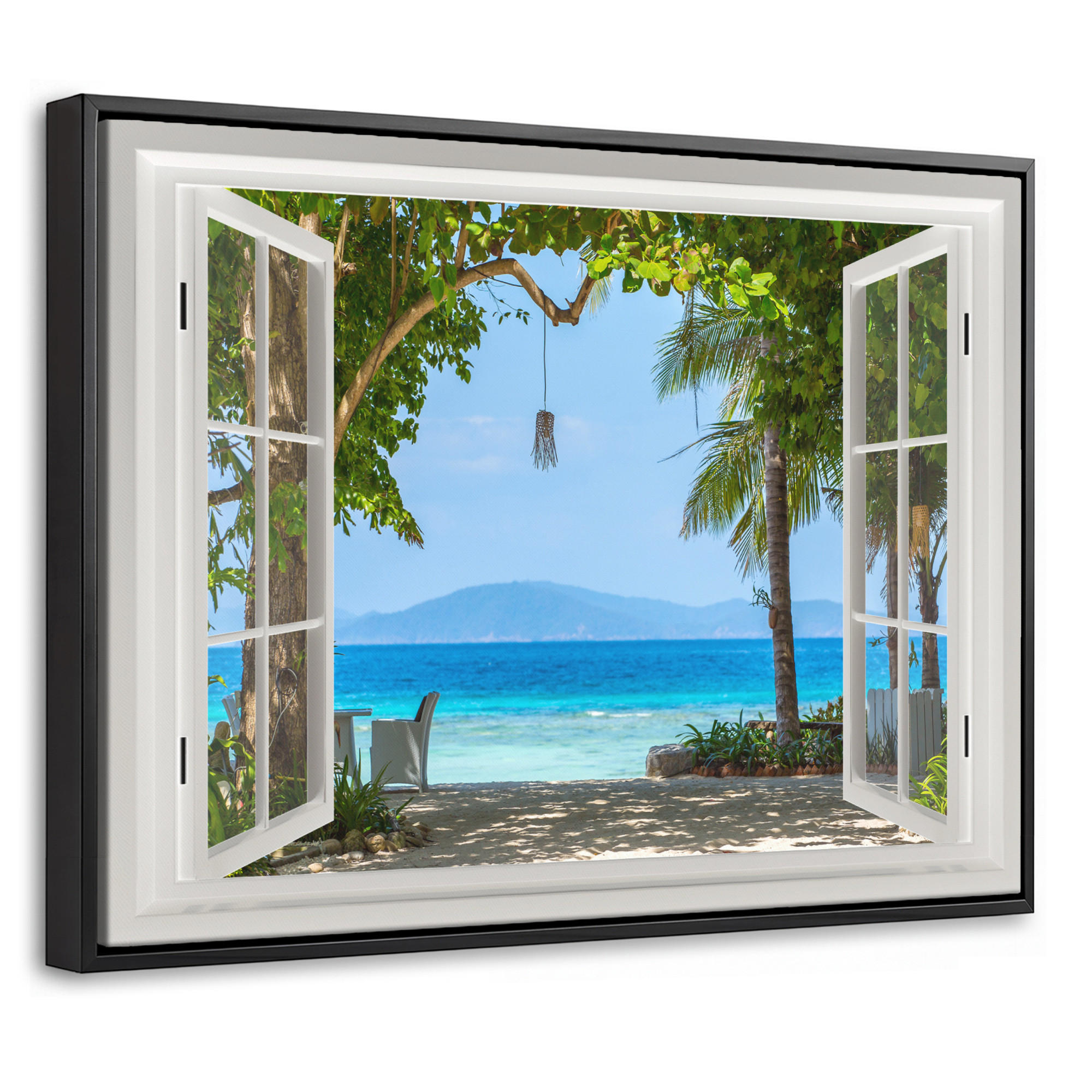 LEINWAND Bilder mit Rahmen - Aussicht - Baum - Meer - Palme - Hügel - Strand - Blau - 40x30 - Blau, Textil (40/30cm) - MuchoWow