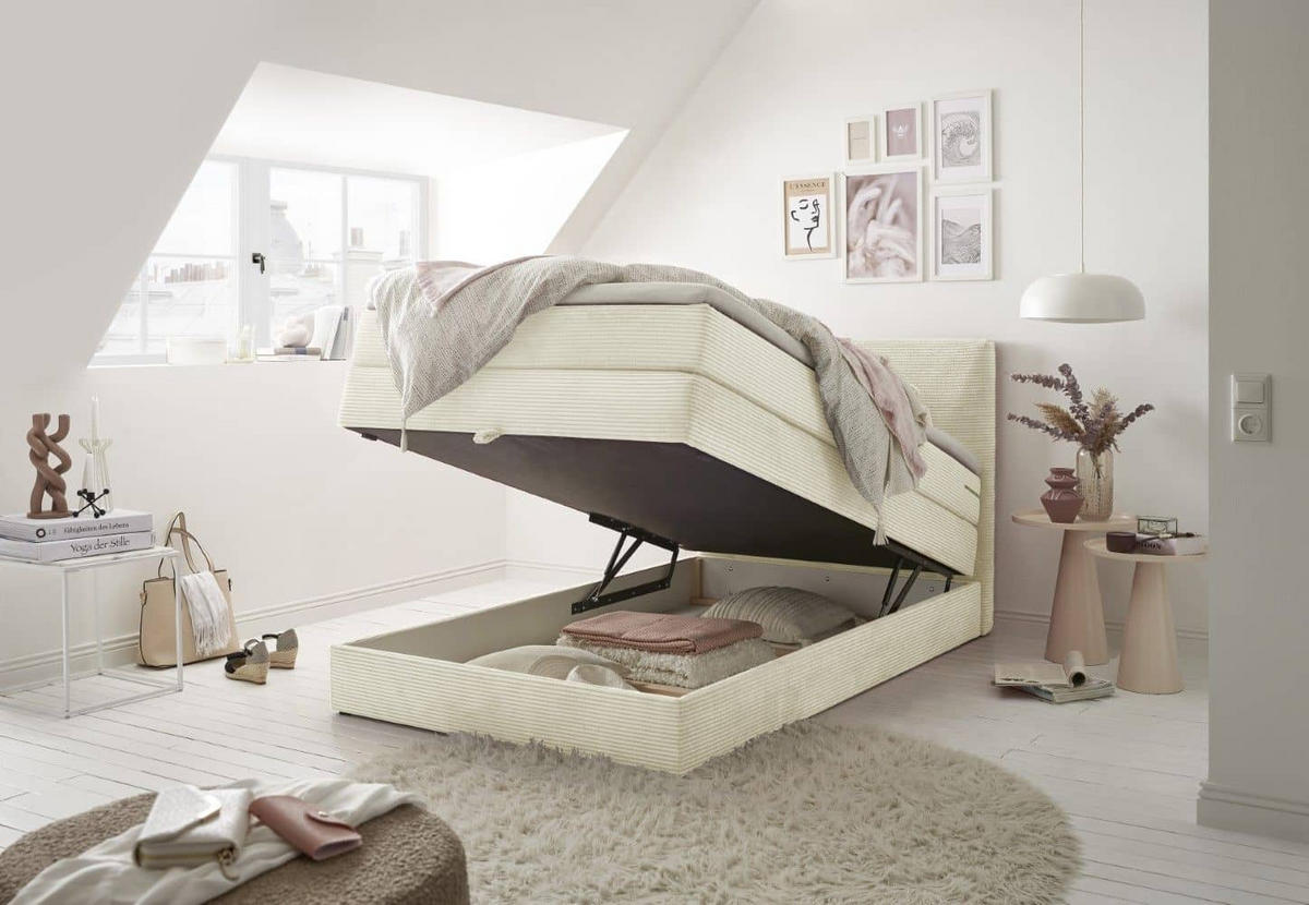 BOXSPRINGBETT 120/140x200 – Bettkasten, 7‑Zonen‑Tonnentaschenfederkern & Komfort‑T25‑Topper - Beige/Creme, Holz/Textil (120/200cm) - ed exciting design