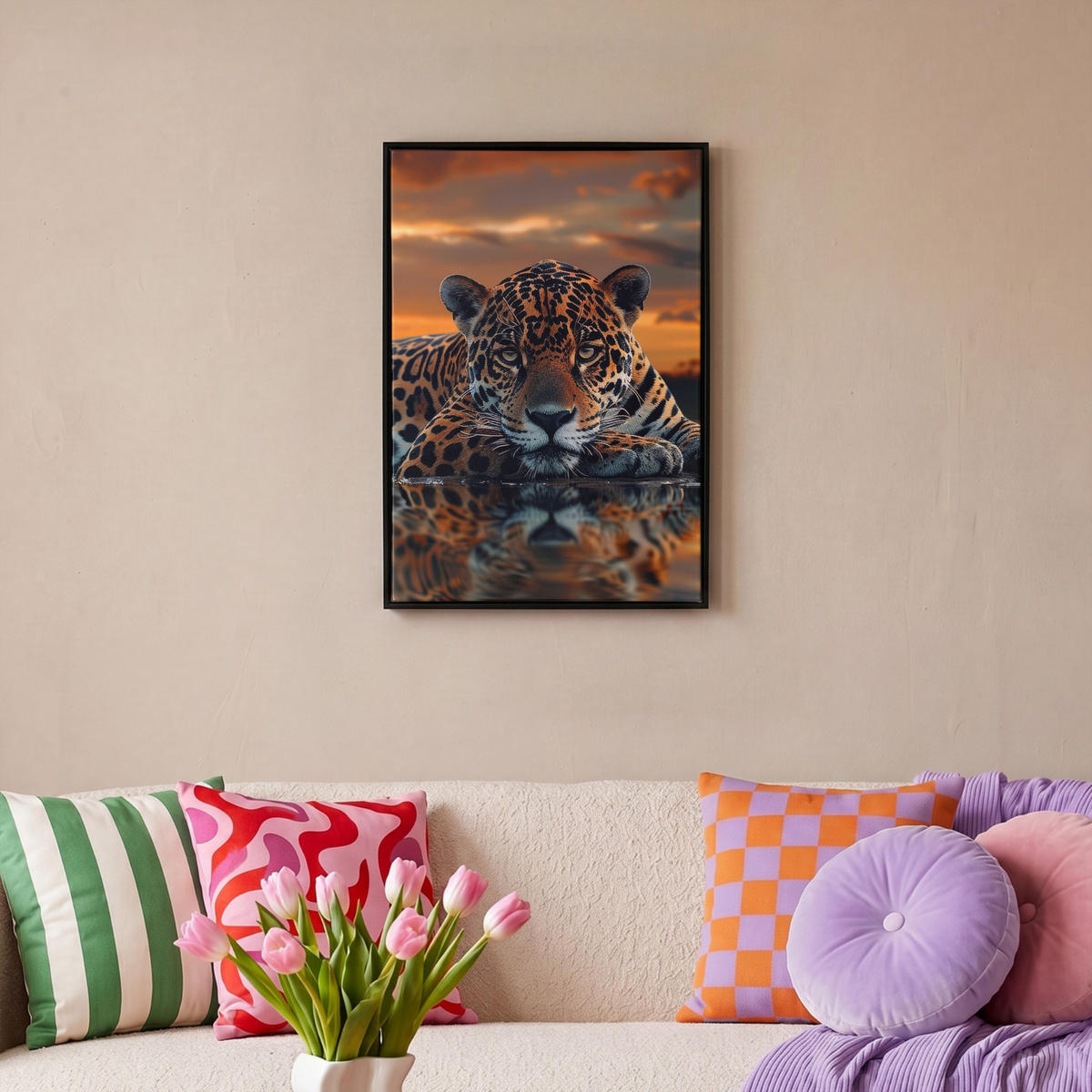 LEINWAND Bilder mit Rahmen - Natur - Leopard - Tier - Sonnenuntergang - Modern - 40x60 - Orange, Textil (40/60cm) - MuchoWow