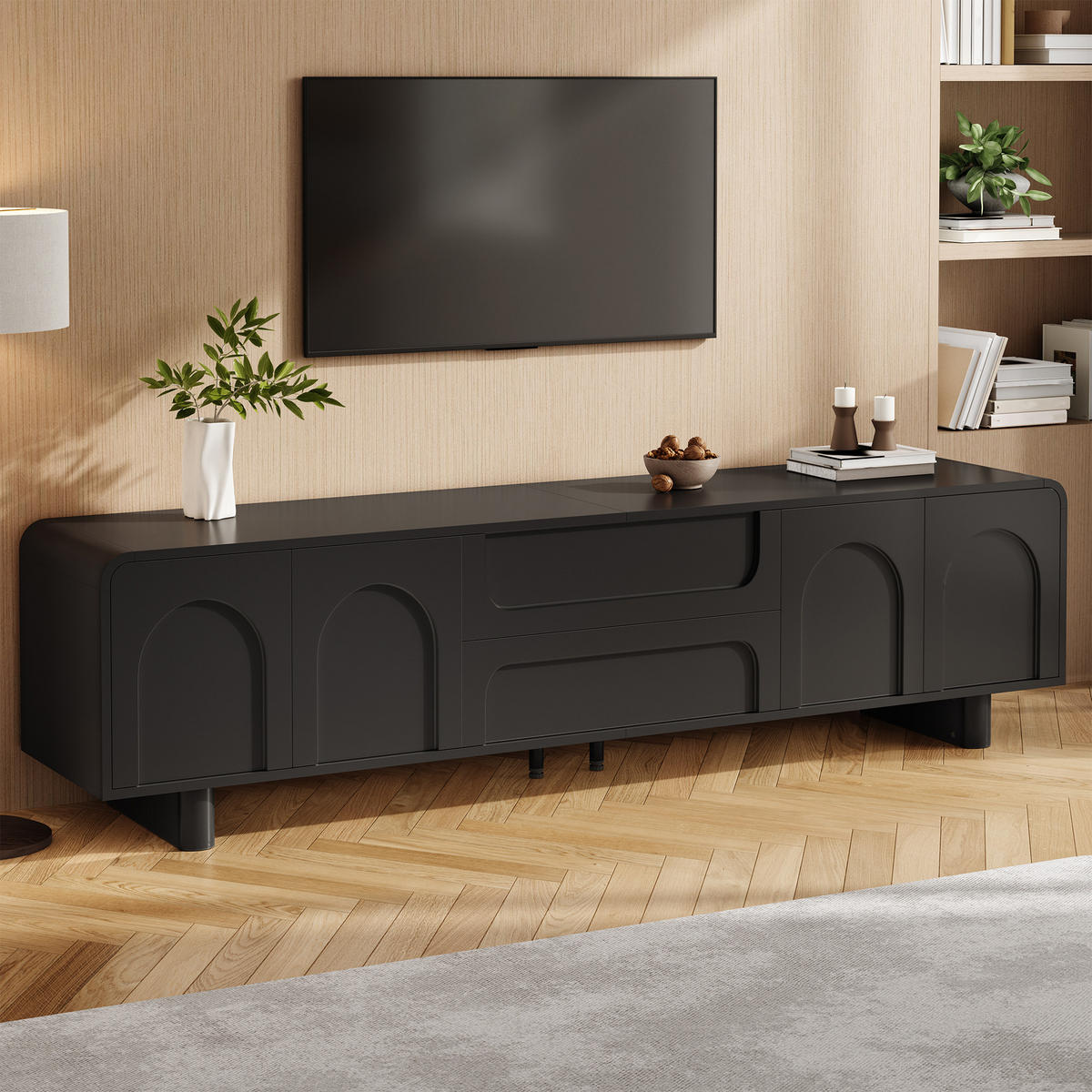 TV-LOWBOARD 180 cm aus MDF, Türen, Schubladen, Stauraum, abgerundet, Kabelmanagement, Schwarz - Schwarz, Holzwerkstoff (180/46/40cm)
