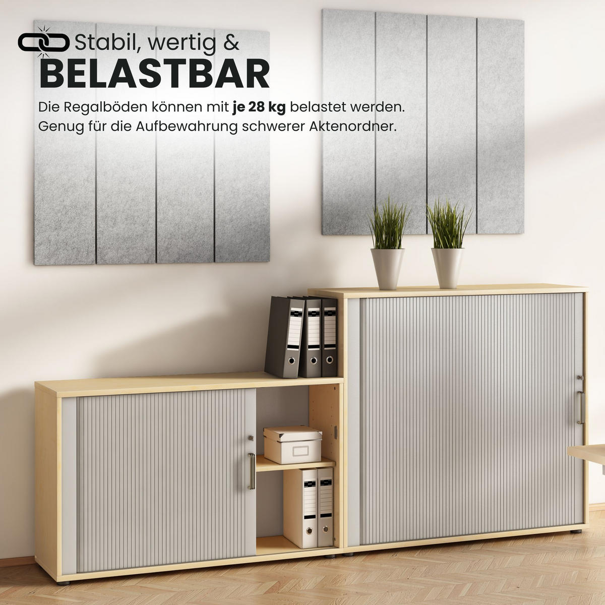 ROLLLADENSCHRANK - 2 Ordnerhöhen 40/120/74,8 cm in Ahornfarben/Silberfarben Streifengriff (Kunststoff) - Silberfarben/Ahornfarben, Holzwerkstoff (120/74.8/40cm) - bümö