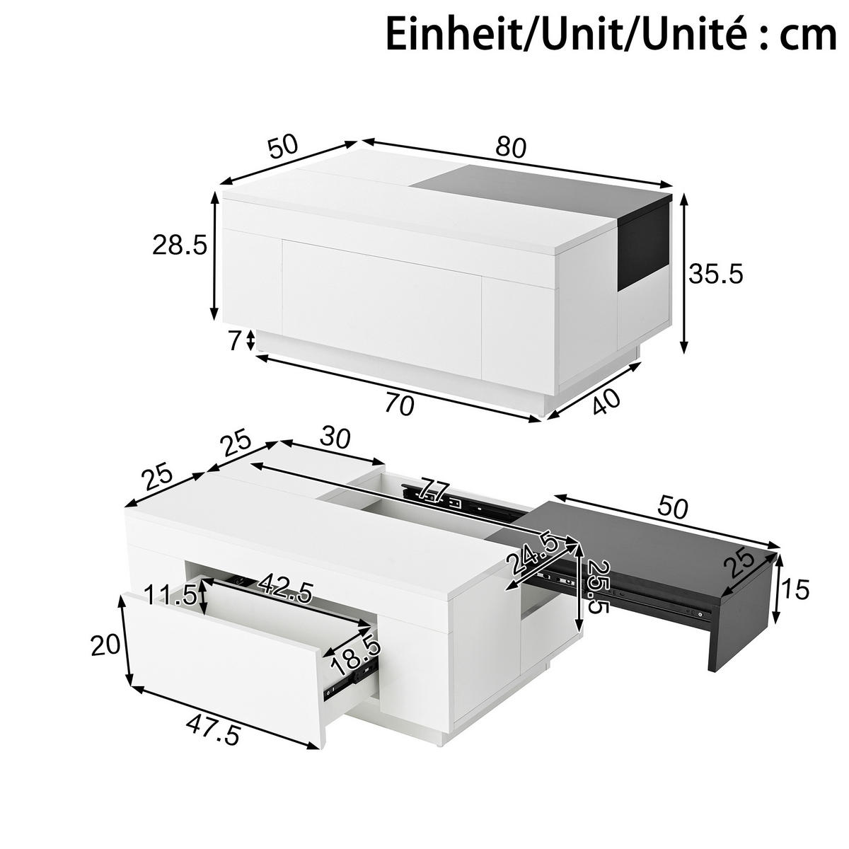 COUCHTISCH 80/50 cm in Schwarz/Weiß mit LED-Beleuchtung und ausziehbarer Tischplatte - Weiß, Holzwerkstoff (80/50/35.5cm) - Flora Grace