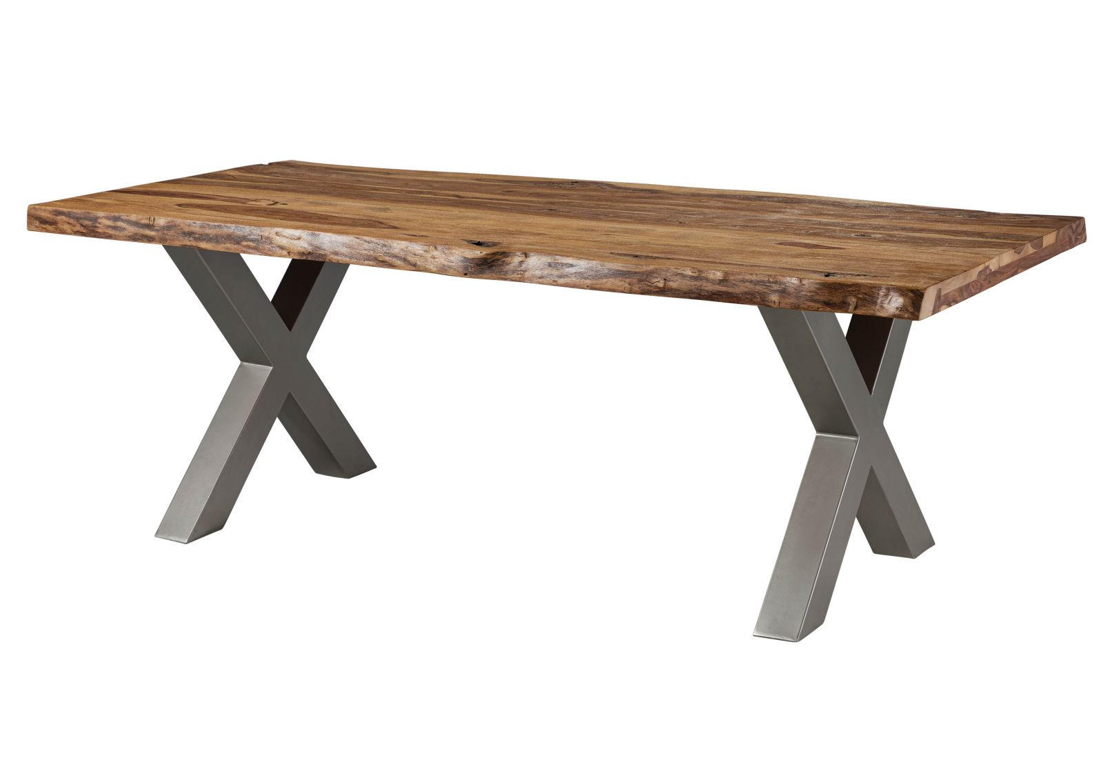 BAUMTISCH Sheesham 220x100x77 natur sandgestrahlt / X-Beine silber matt FREEFORM 5 - Silberfarben/Naturfarben, Holz (220/100/77cm) - Massivmoebel24